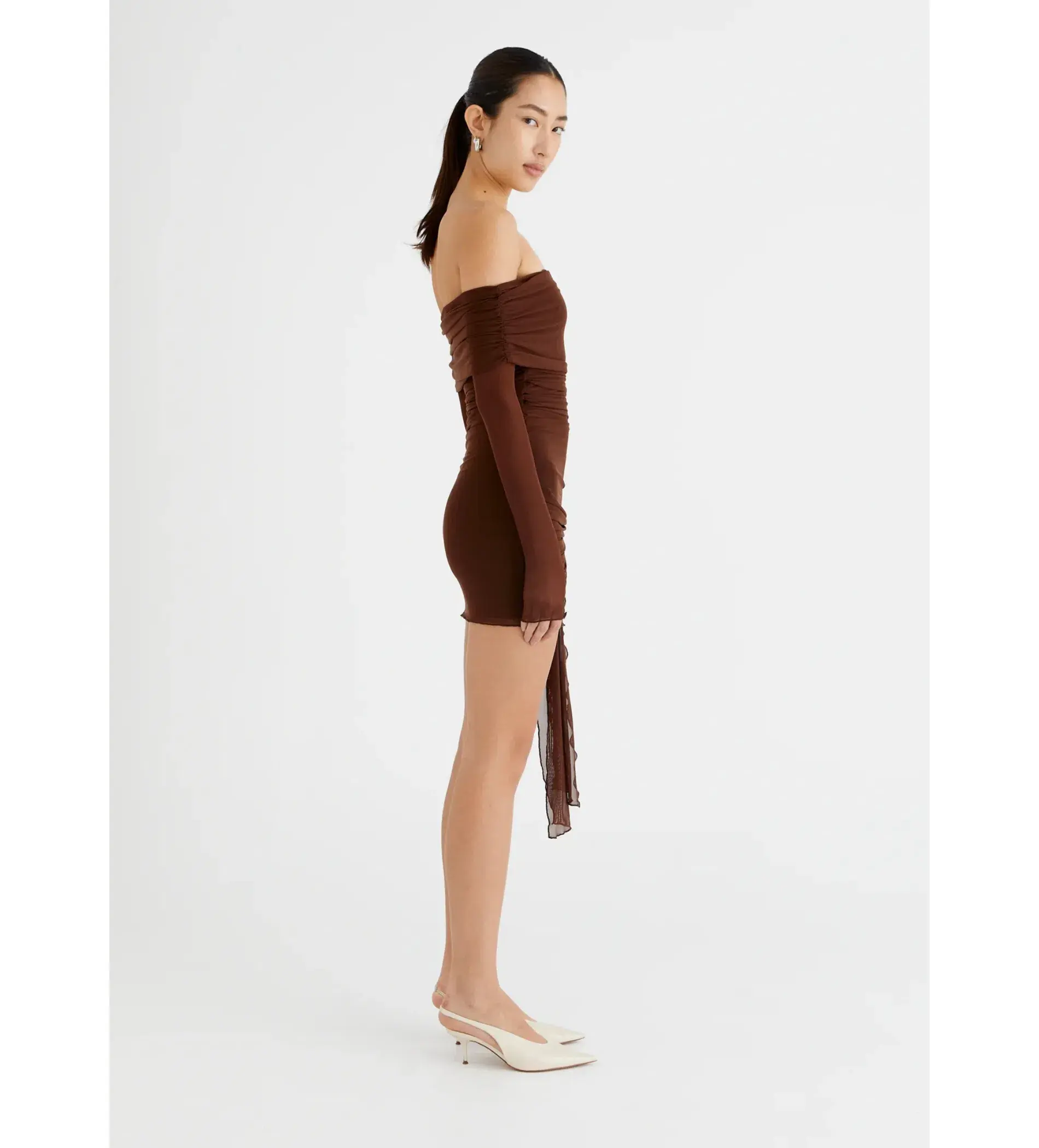 BENNI Yasmin Off Shoulder Mini Dress in Cacao Size XS/AU 6 - Image 2