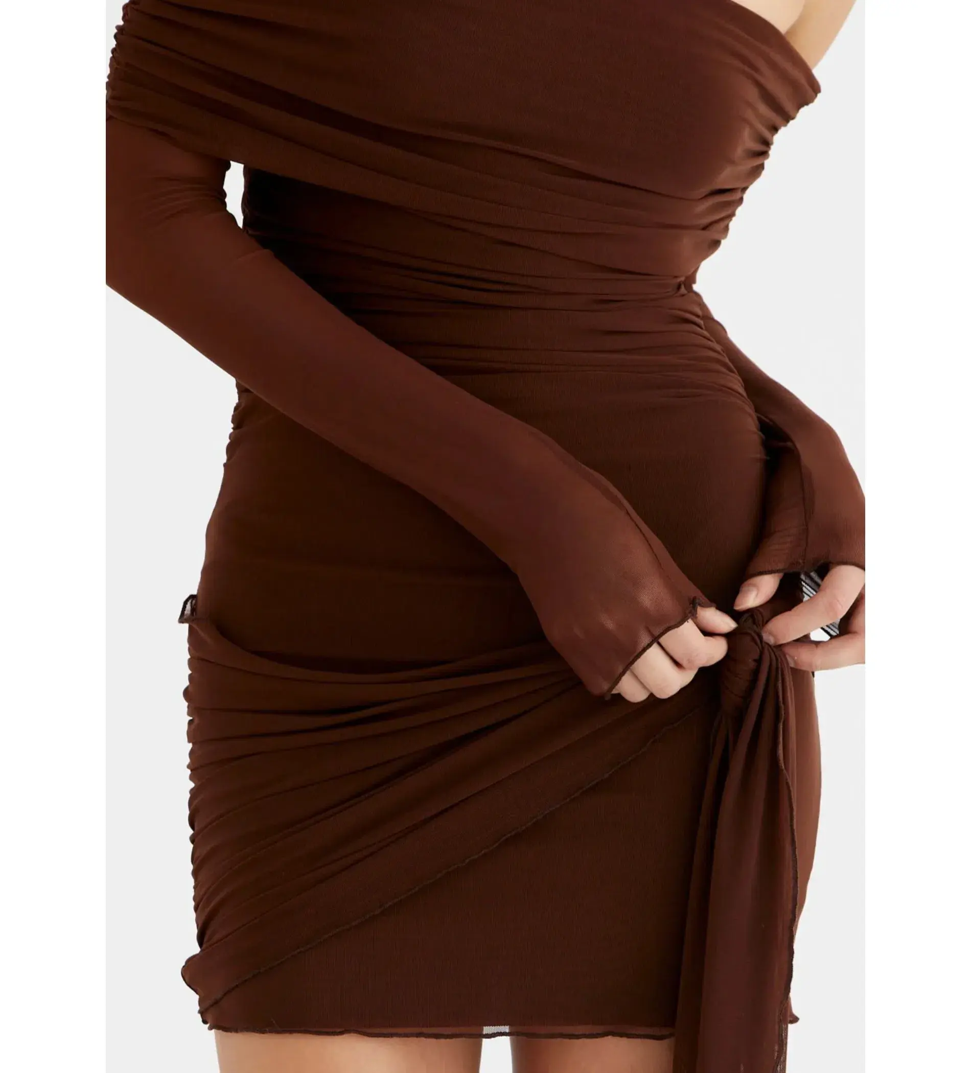 BENNI Yasmin Off Shoulder Mini Dress in Cacao Size XS/AU 6 - Image 4
