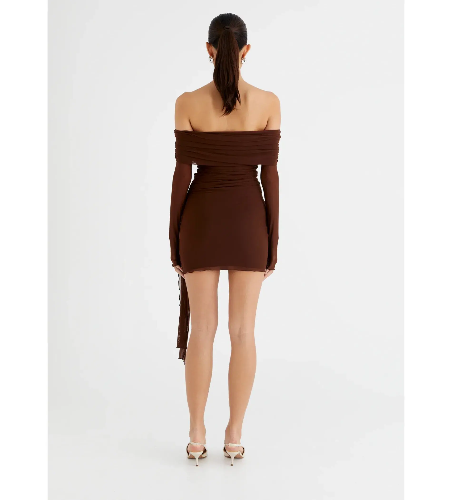 BENNI Yasmin Off Shoulder Mini Dress in Cacao Size XS/AU 6 - Image 3
