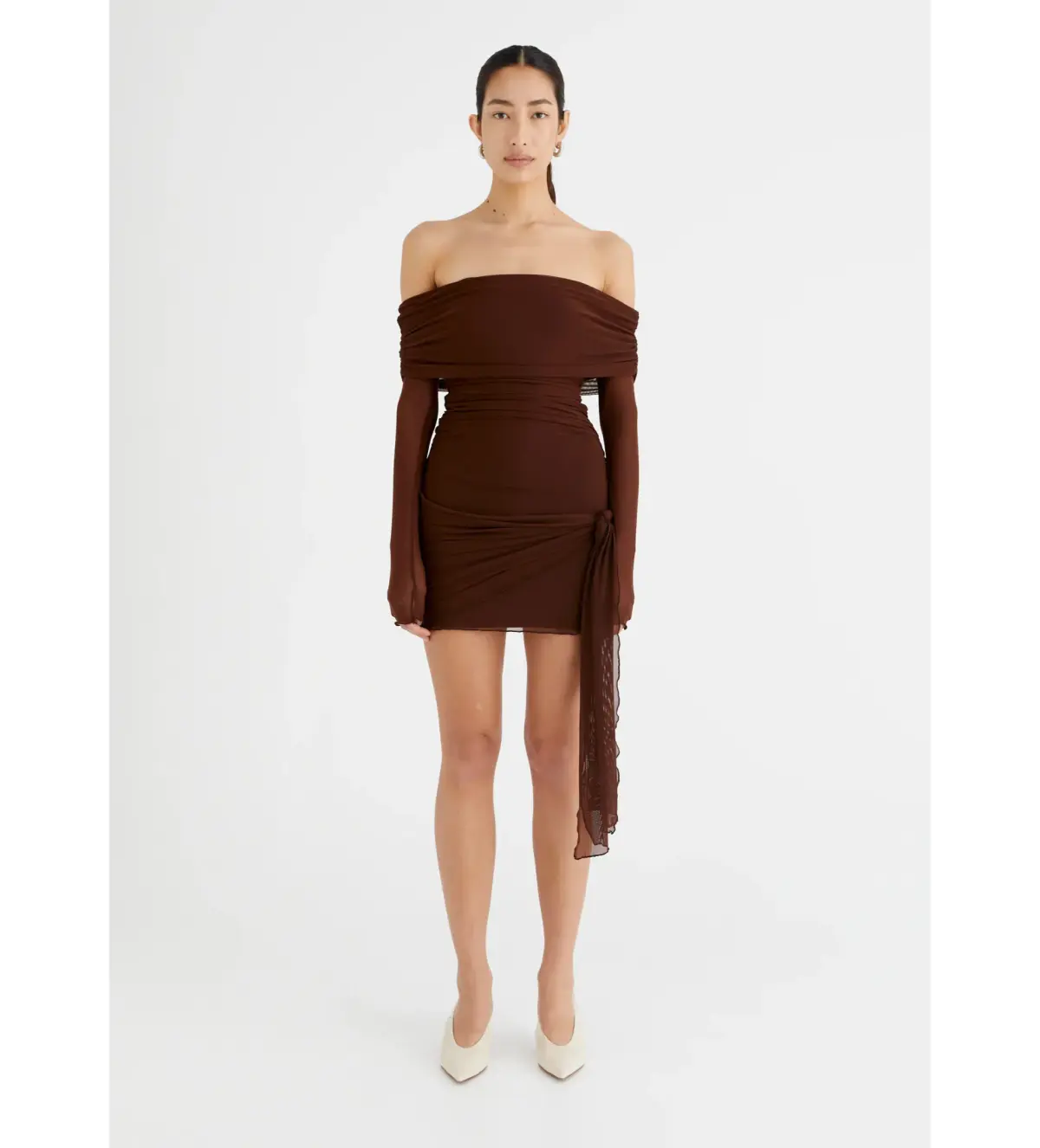 BENNI Yasmin Off Shoulder Mini Dress in Cacao Size XS/AU 6 - Image 1
