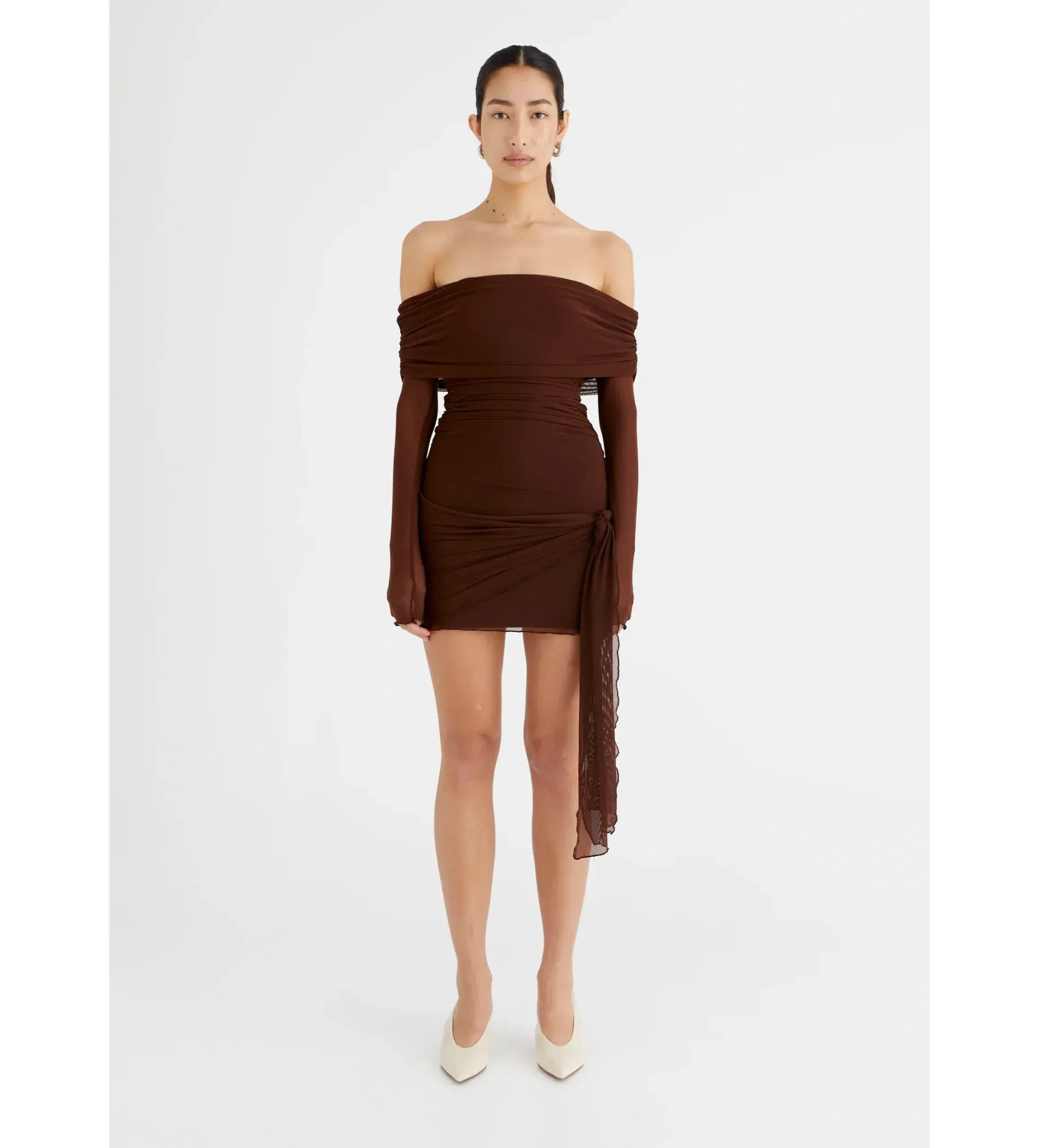 BENNI Yasmin Off Shoulder Mini Dress in Cacao Size XS/AU 6 - Image 1