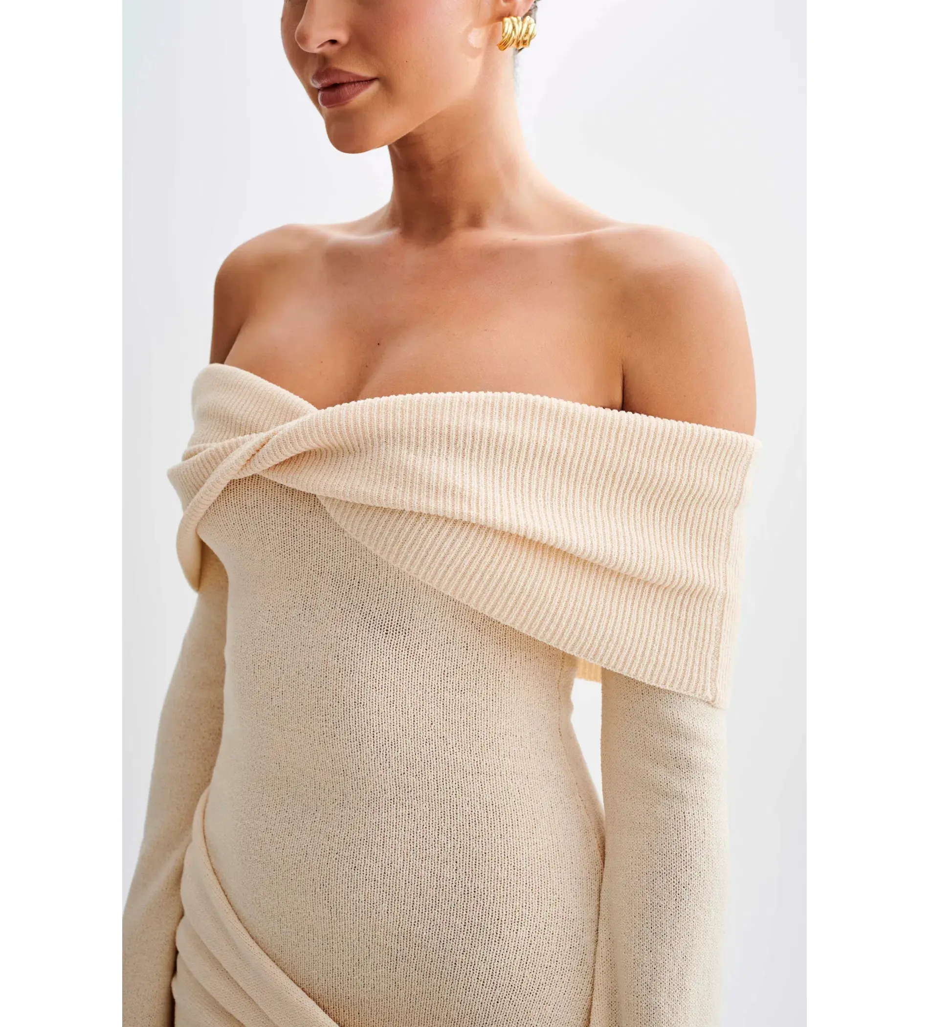 MESHKI Camryn Off Shoulder Tie Knit Mini Dress in Cream Marle Size S/AU 8 - Image 5