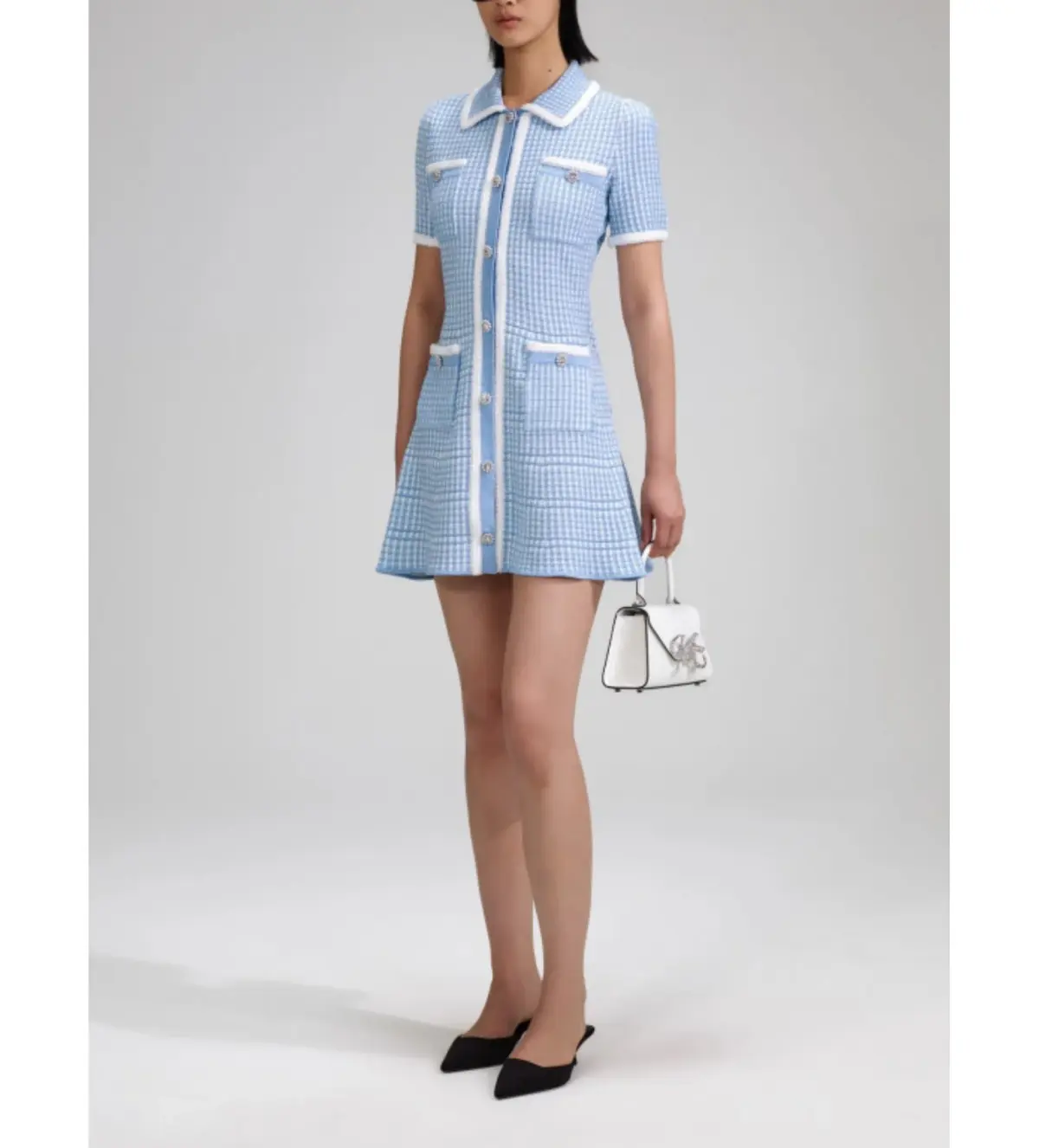 Self Portrait Blue Lurex Knitted Mini Dress Size M/AU 8 - Image 2