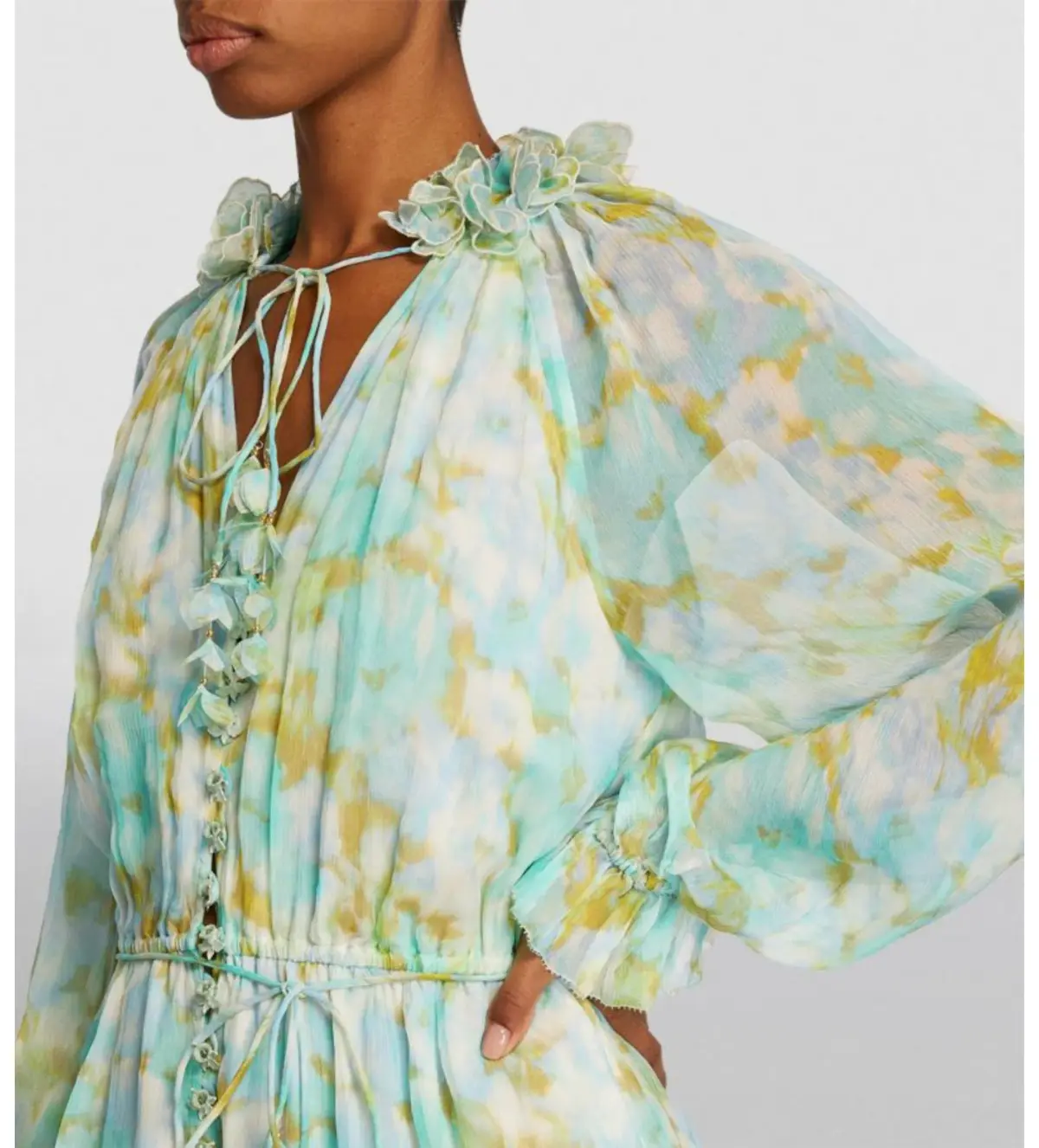 Zimmermann High Tide Flutter Embellished Floral-Print Silk-Crepon Playsuit Green Size 1/AU 8 - Image 2