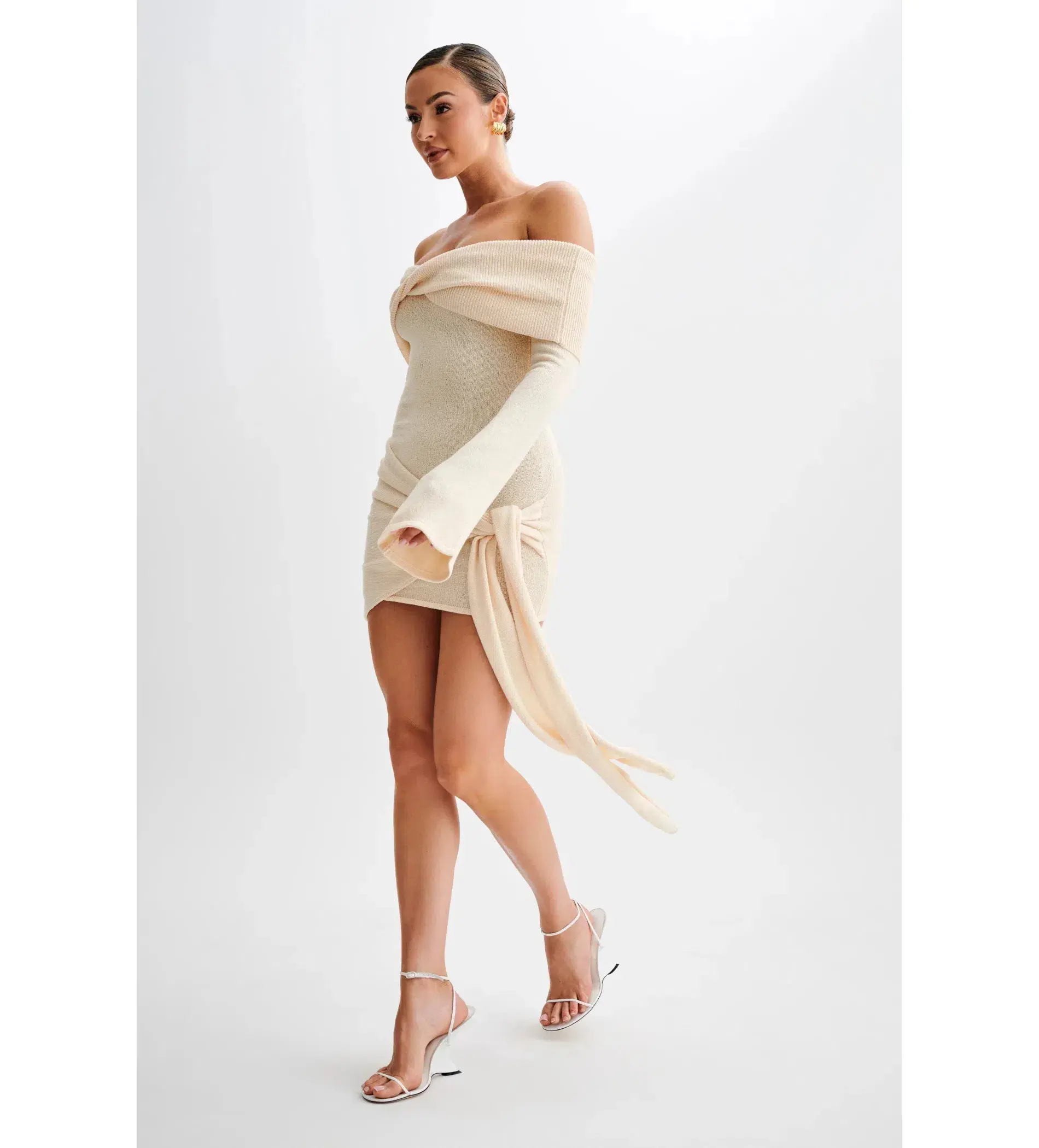 MESHKI Camryn Off Shoulder Tie Knit Mini Dress in Cream Marle Size XS/AU 6 - Image 3