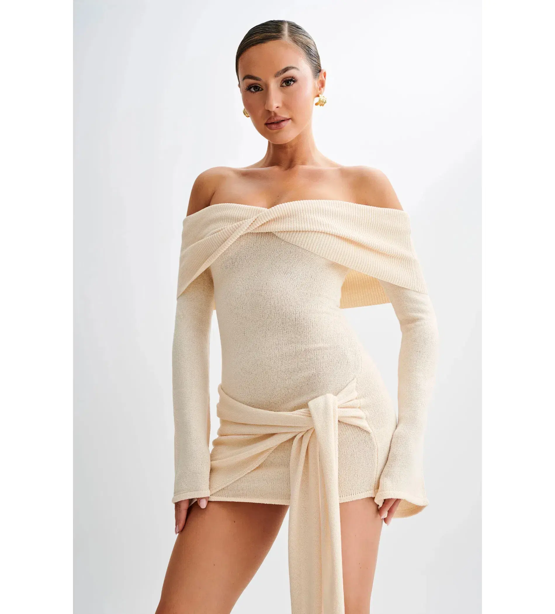 MESHKI Camryn Off Shoulder Tie Knit Mini Dress in Cream Marle Size XS/AU 6 - Image 2