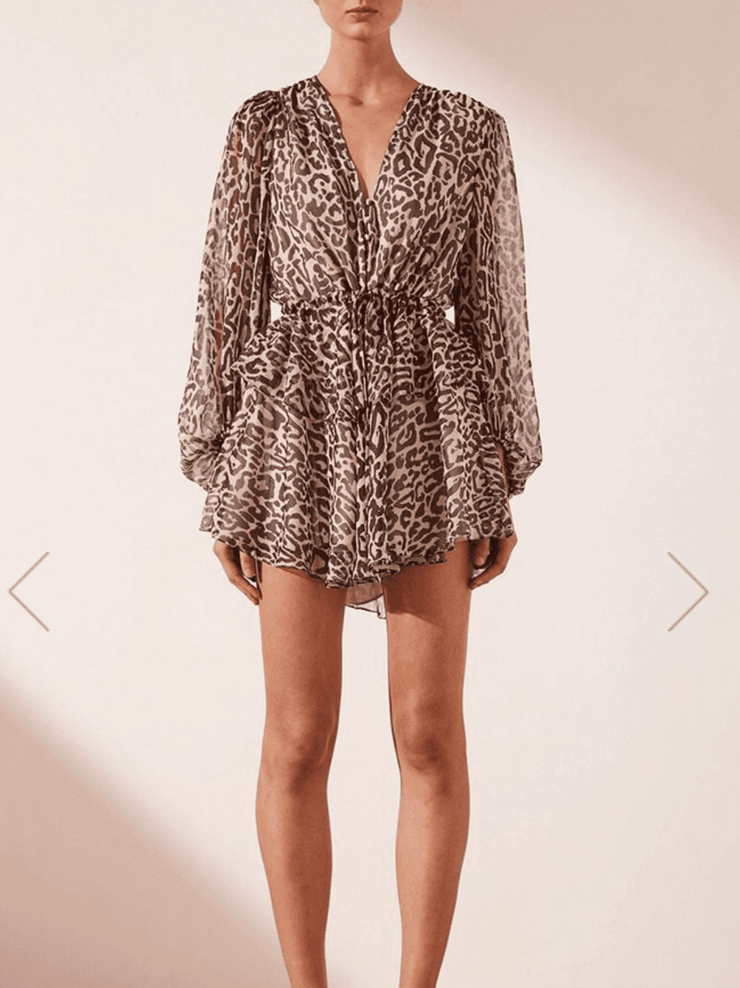 Shona Joy Mariposa drawstring mini dress leopard print size 12  for rent on The Volte - main image