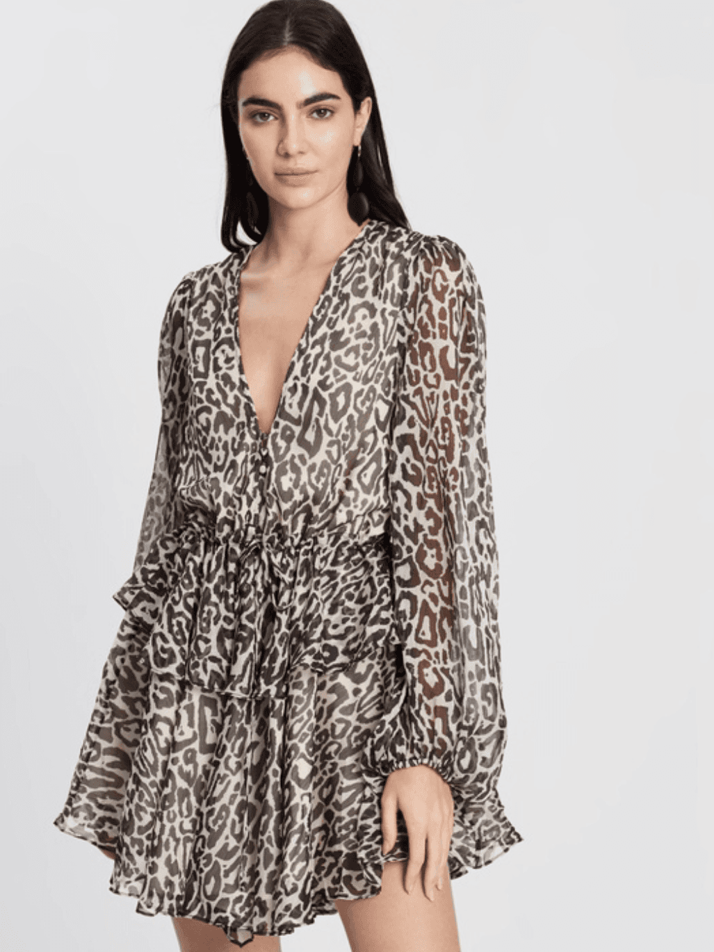 Shona Joy Mariposa drawstring mini dress leopard print size 12  for rent on The Volte - main image