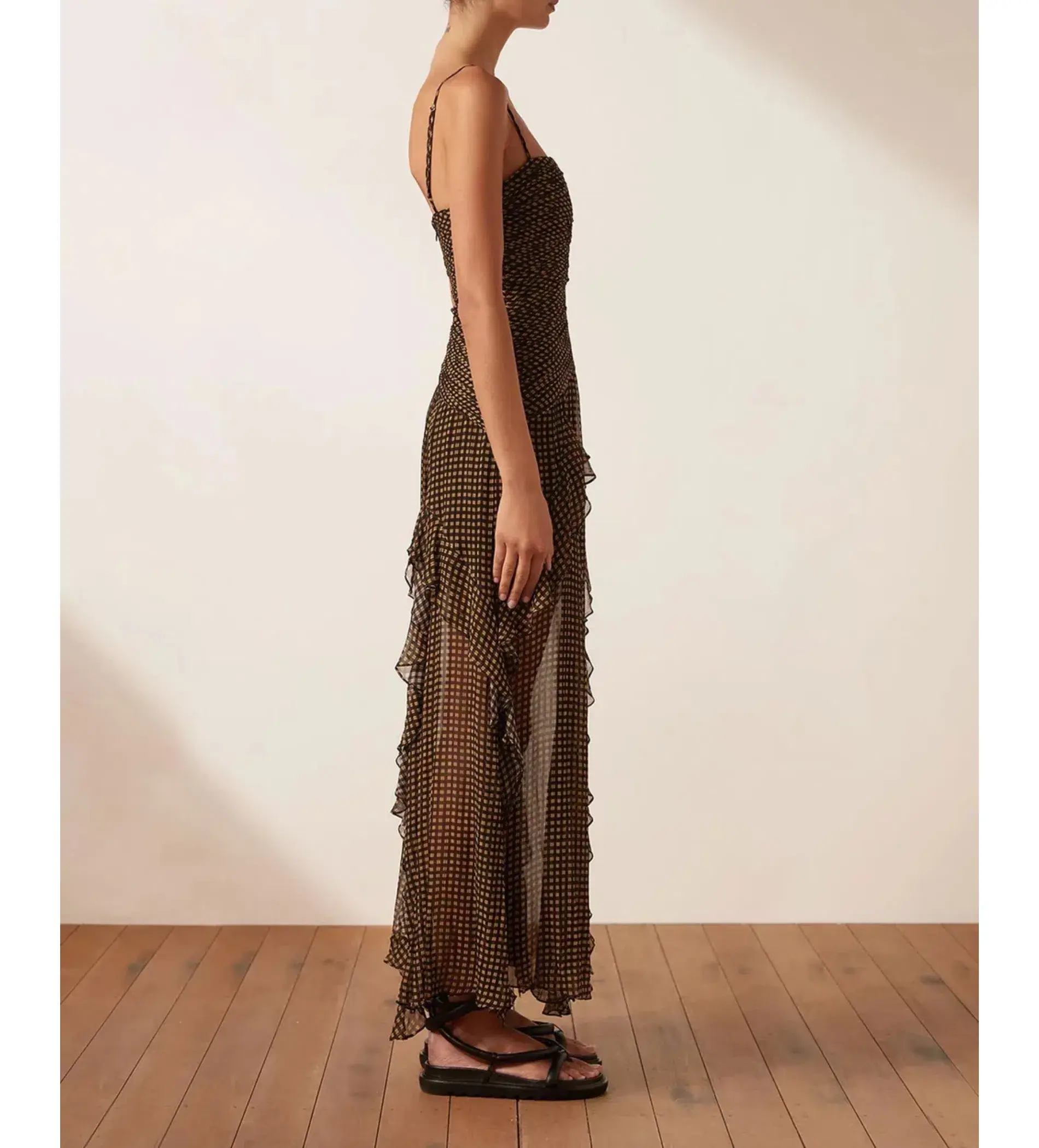 Shona Joy Sofia Ruched Frill Maxi Dress Brown Size AU 10 - Image 2