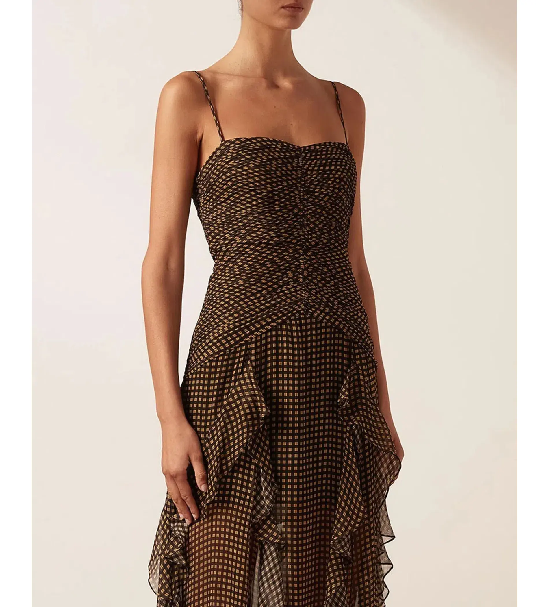 Shona Joy Sofia Ruched Frill Maxi Dress Brown Size AU 10 - Image 4