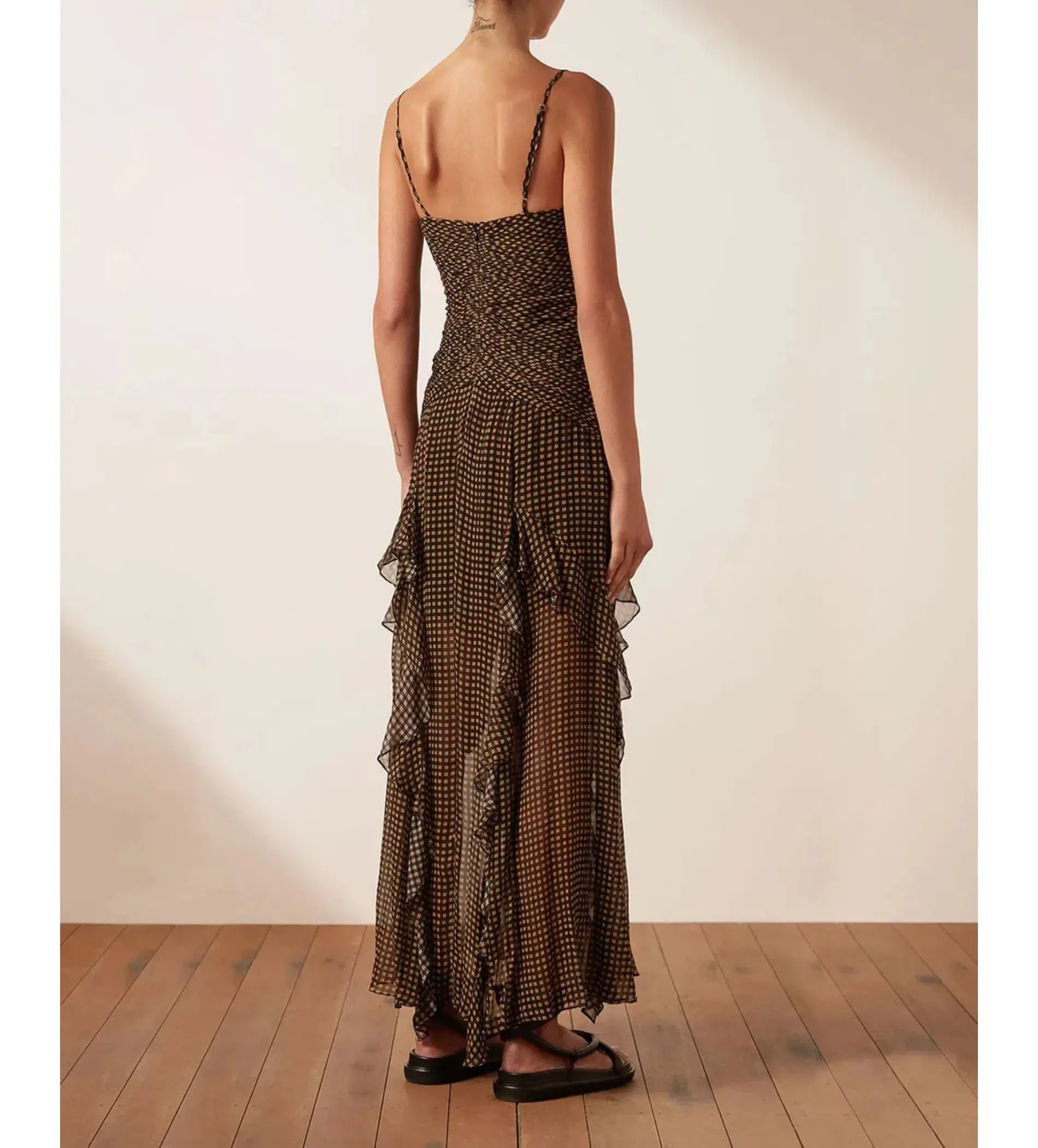 Shona Joy Sofia Ruched Frill Maxi Dress Brown Size AU 10 - Image 3