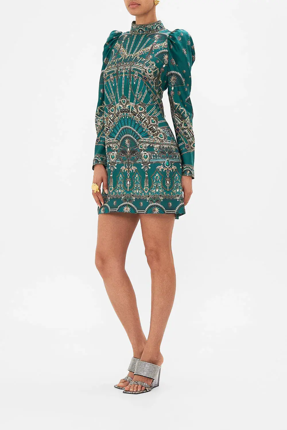 Camilla Puff Sleeve High Neck Mini Dress Green Size 14 - Image 2