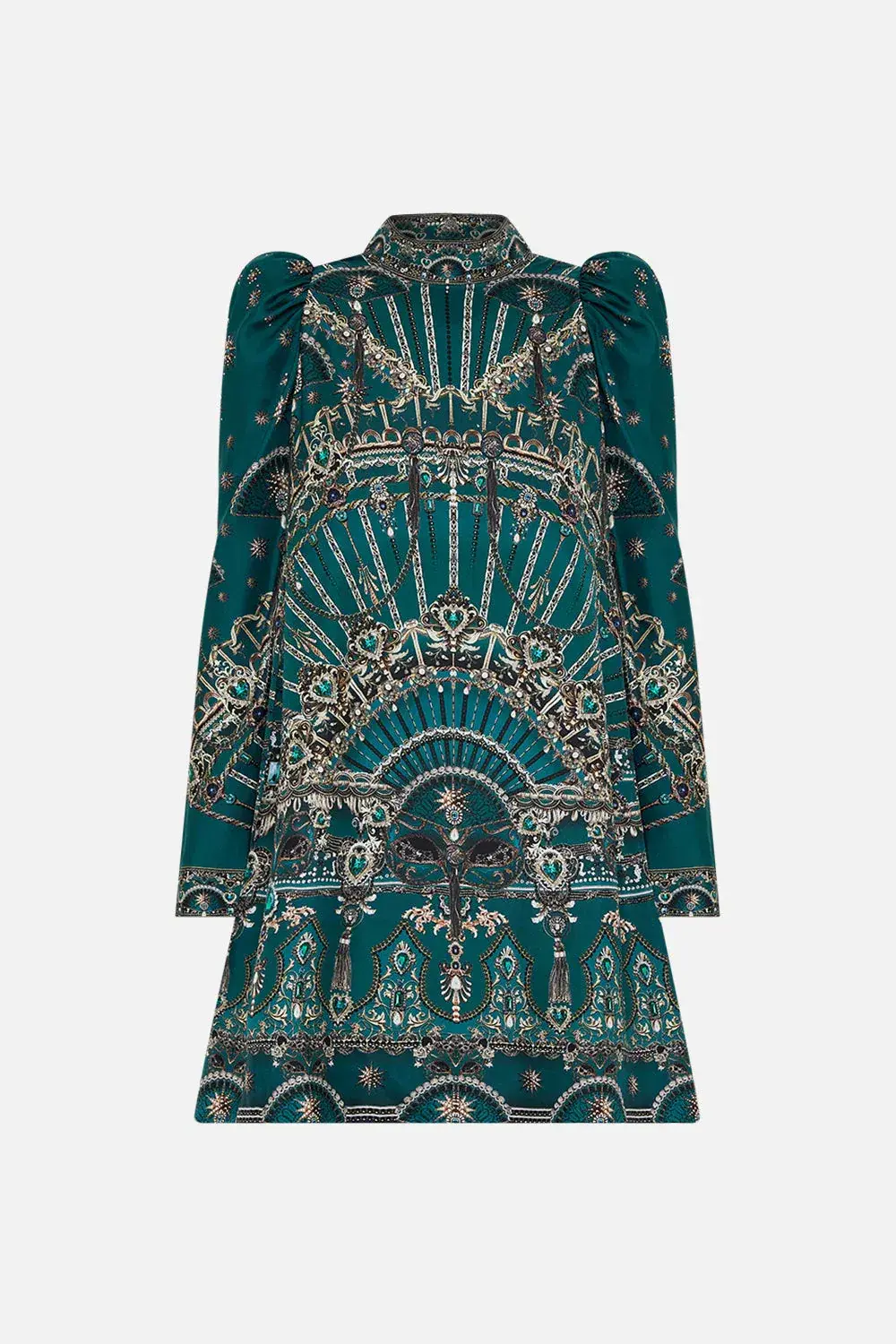 Camilla Puff Sleeve High Neck Mini Dress Green Size 14 - Image 4