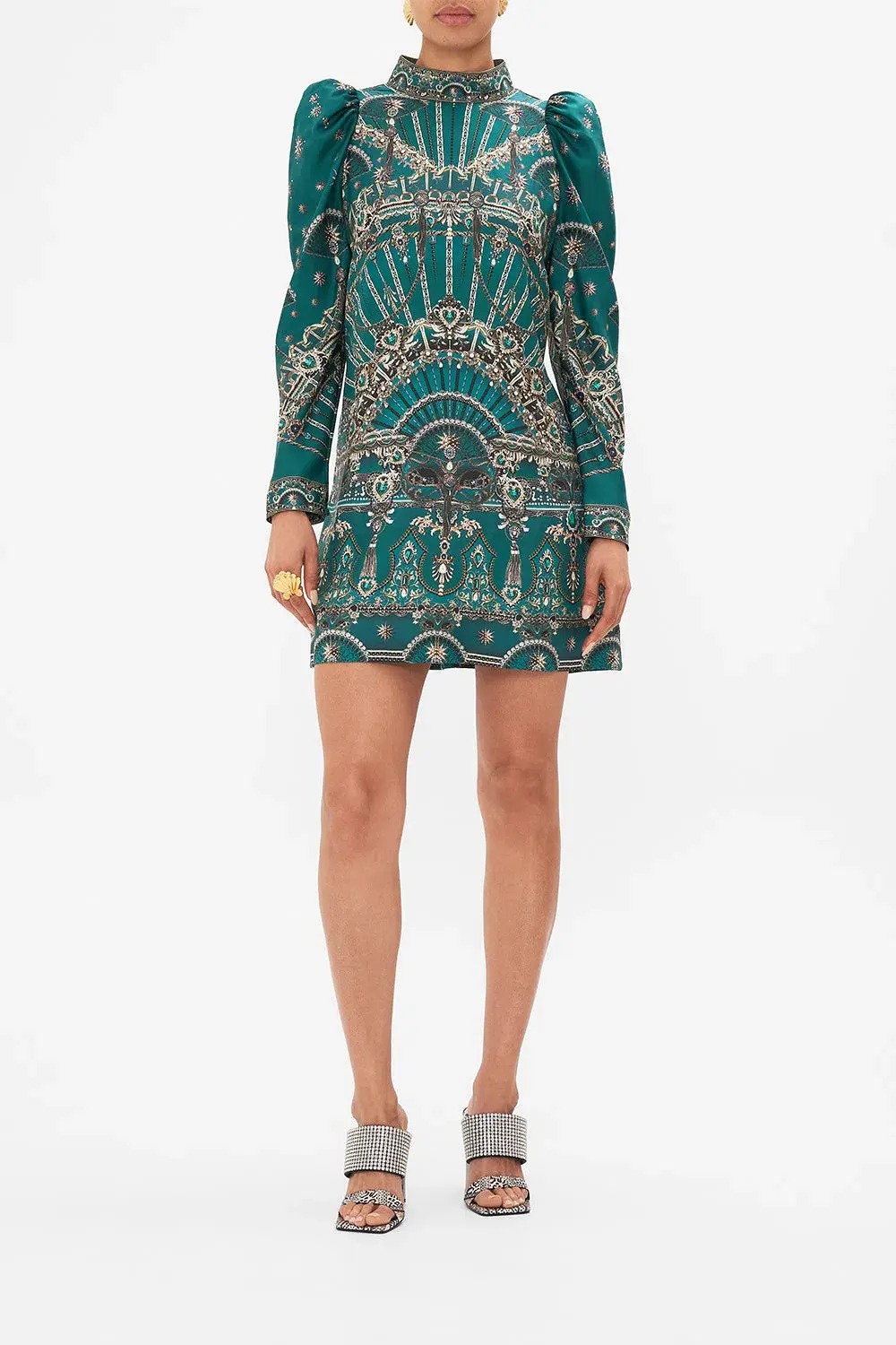 Camilla Puff Sleeve High Neck Mini Dress Green Size 14 - Image 1