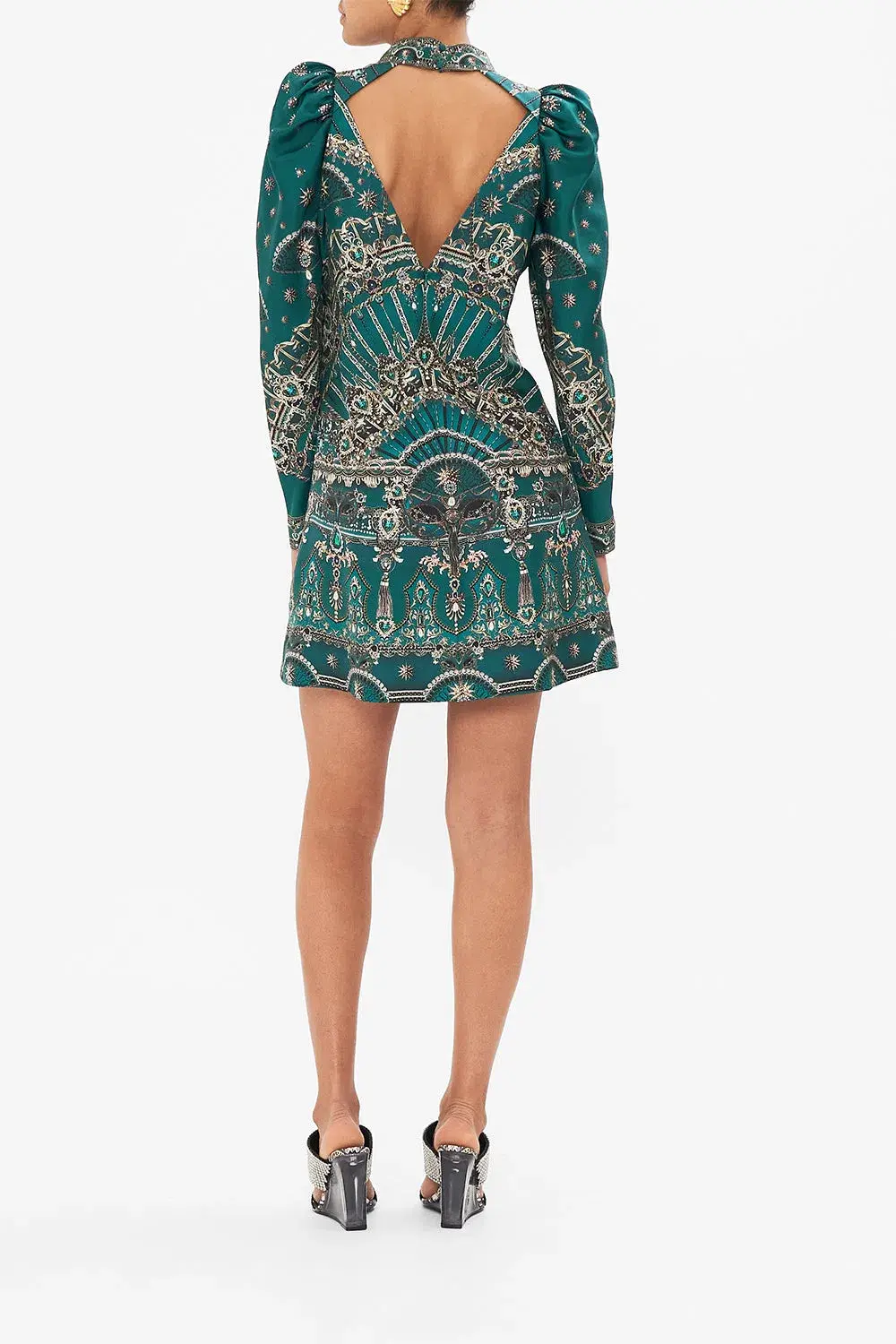 Camilla Puff Sleeve High Neck Mini Dress Green Size 14 - Image 3