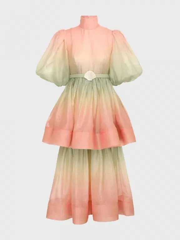 Zimmermann Postcard Puff Sleeve Midi Dress Ombre Watermelon Size 3 / AU 14 - Image 5