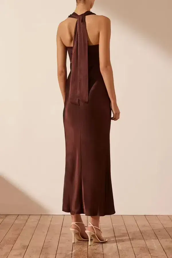 Shona Joy Lana Ruched Halter Midi Dress Cocoa Size 6 - Image 2
