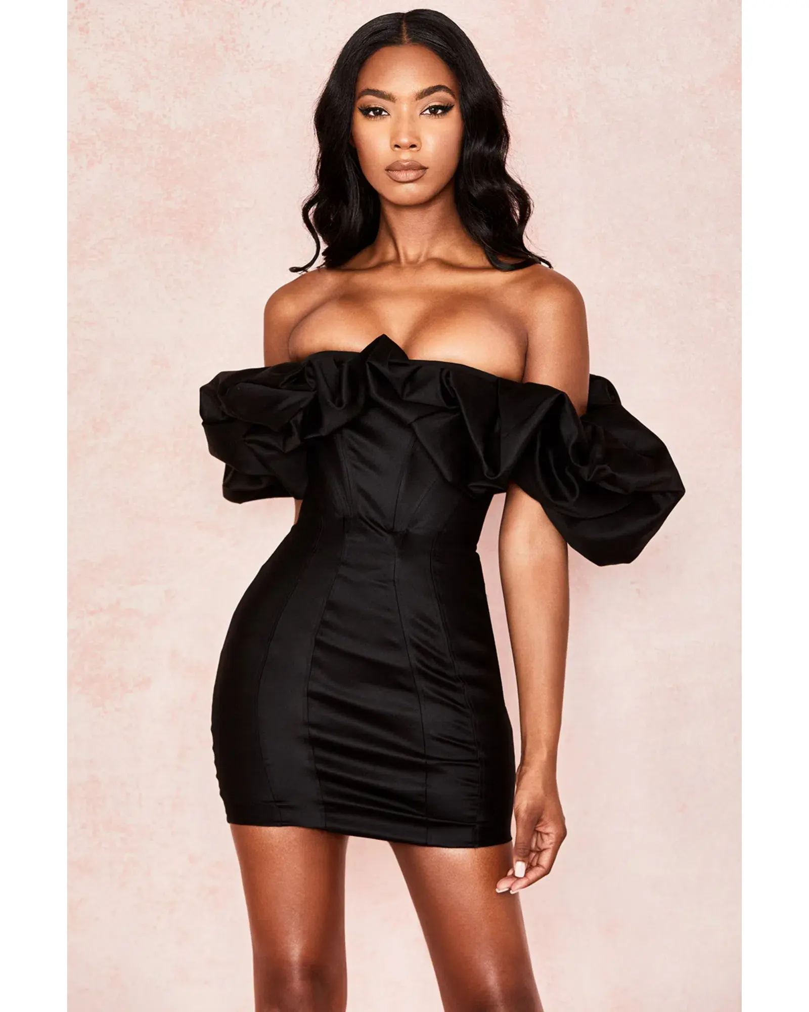 House of CB Selena Satin Puff Shoulder Dress Black Size XS / AU 6 - Image 3