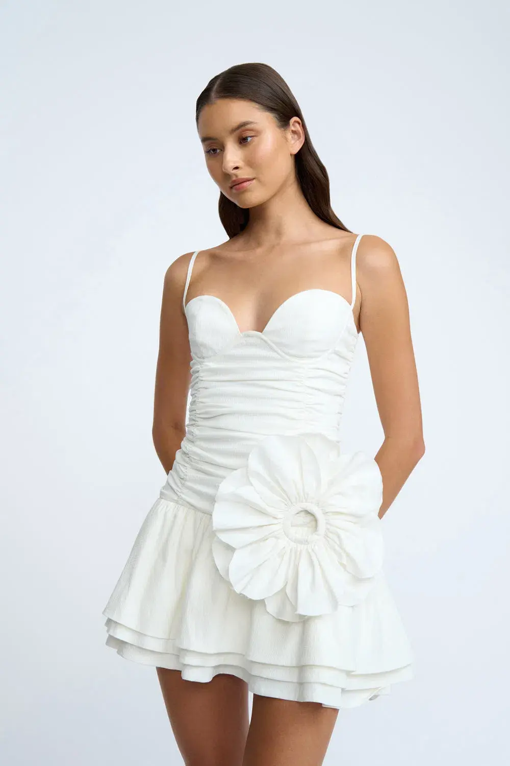 By Johnny Samantha Ruffle Mini Dress in Ivory Size AU 10 for rent on The Volte - main image
