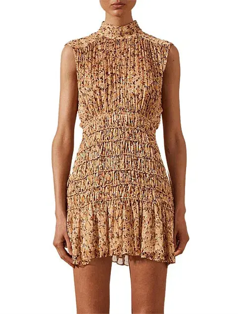 Shona Joy Colette High Neck Sleeveless Corded Mini Dress Brown Floral Size AU 8  - Image 2