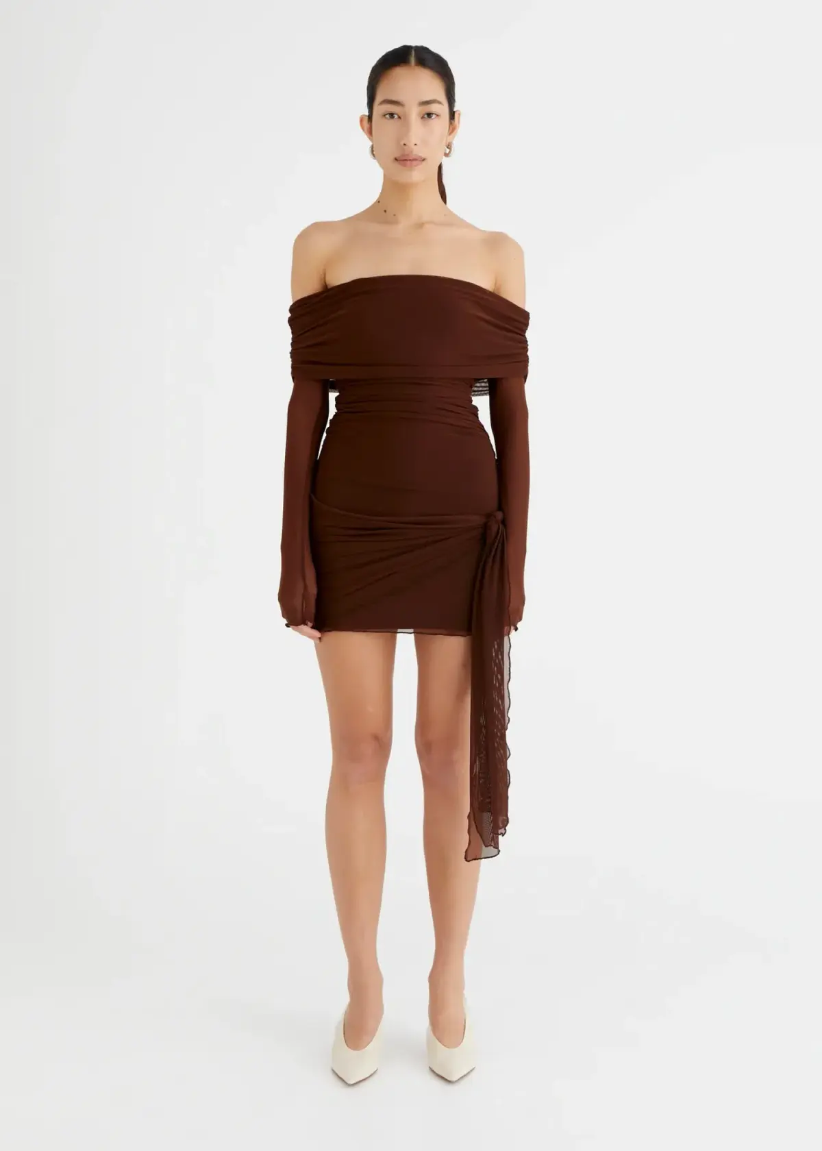 Benni Yasmin Off Shoulder Mini Dress in Cacao Size XS / AU 6 - Image 1