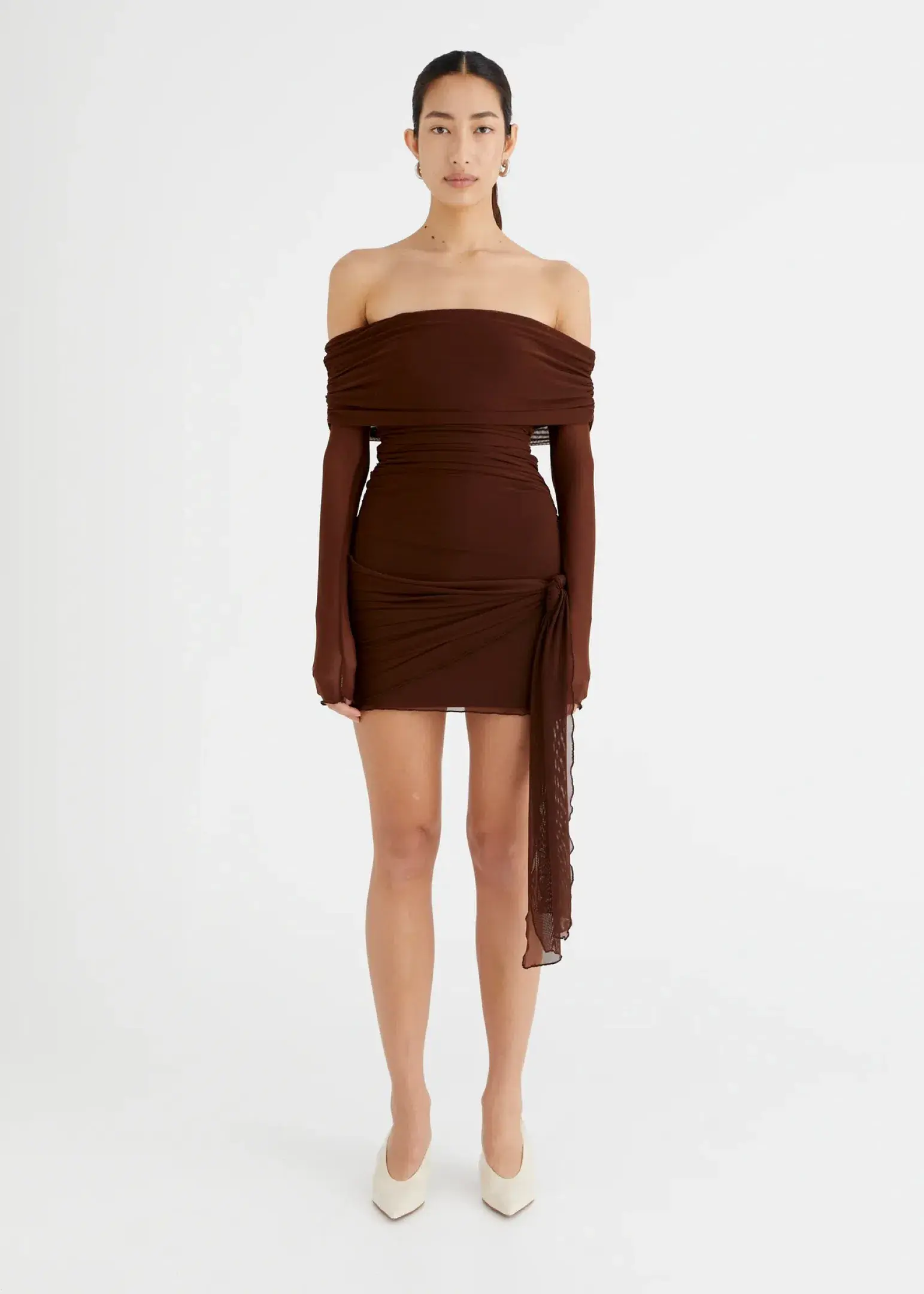 Benni Yasmin Off Shoulder Mini Dress in Cacao Size XS / AU 6 - Image 1