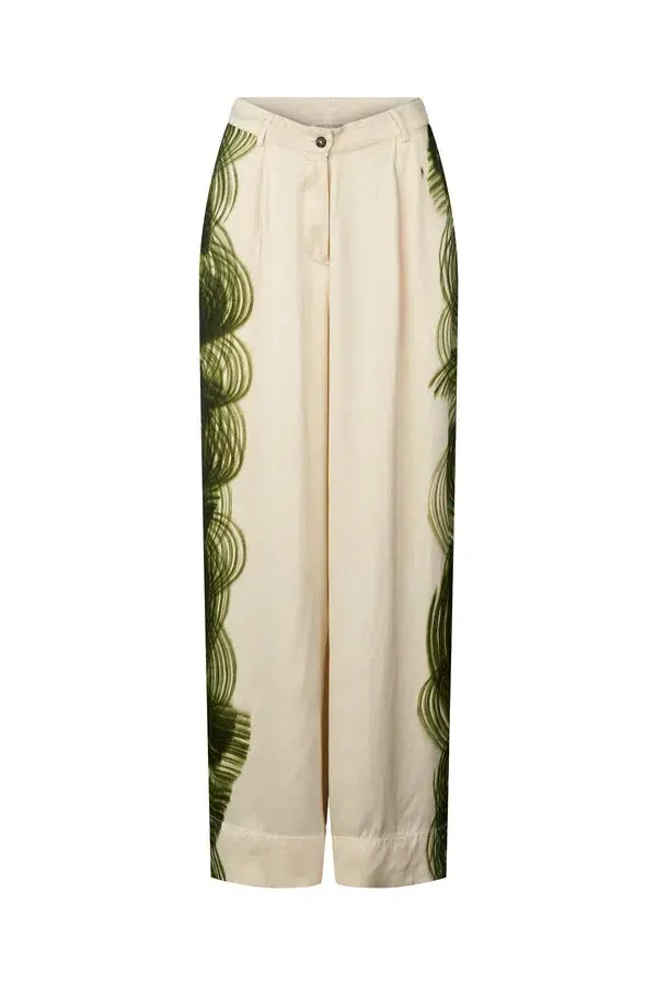 Rabens Saloner Magny Swirl String Elastic Cami and Briana Swirl Pleat Wide Pant Set in Olive Chalk Combo Size AU 10 - Image 6