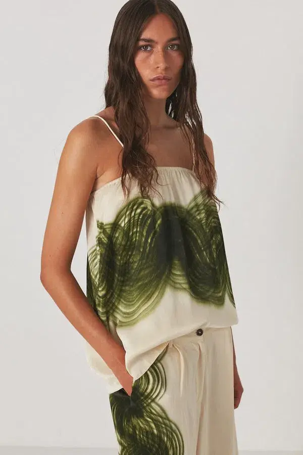Rabens Saloner Magny Swirl String Elastic Cami and Briana Swirl Pleat Wide Pant Set in Olive Chalk Combo Size AU 10 - Image 2