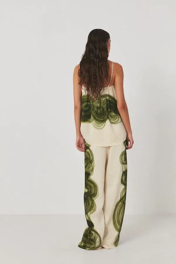 Rabens Saloner Magny Swirl String Elastic Cami and Briana Swirl Pleat Wide Pant Set in Olive Chalk Combo Size AU 10 - Image 4