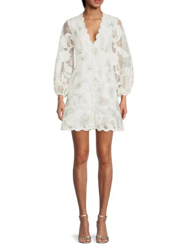 Zimmermann Zinnia Floral Puff Sleeve Mini Dress Ivory Size 1 / AU 10 - Image 1