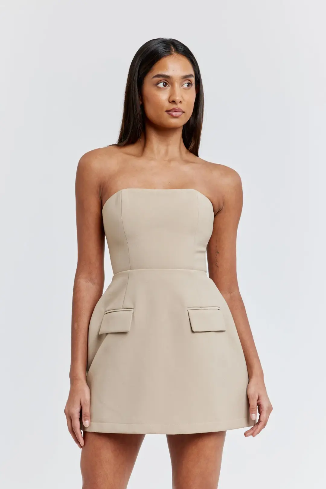 Odd Muse Ultimate Strapless Mini Dress Taupe  Size 8 for rent on The Volte - main image
