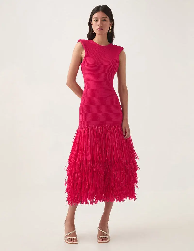 Aje Rushes Raffia Knit Midi Dress in Deep Fuschia Size M (AU 10) - Image 1