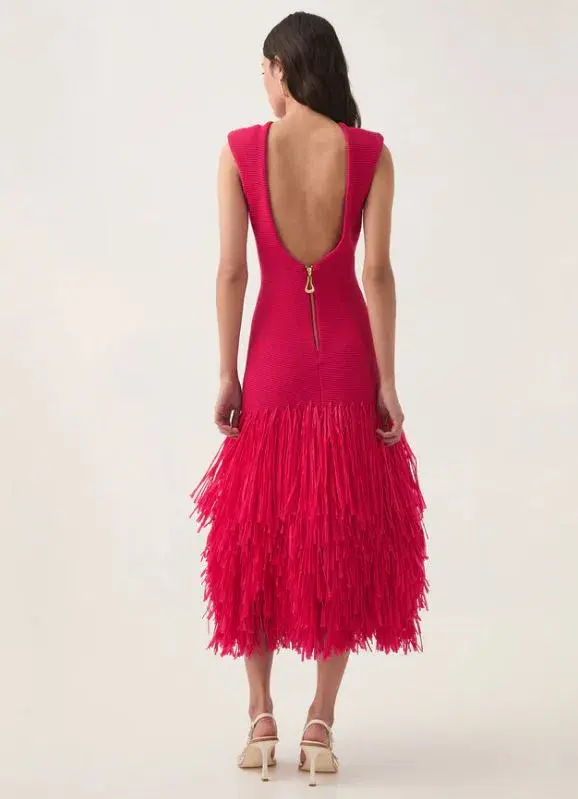Aje Rushes Raffia Knit Midi Dress in Deep Fuschia Size M (AU 10) for rent on The Volte - main image
