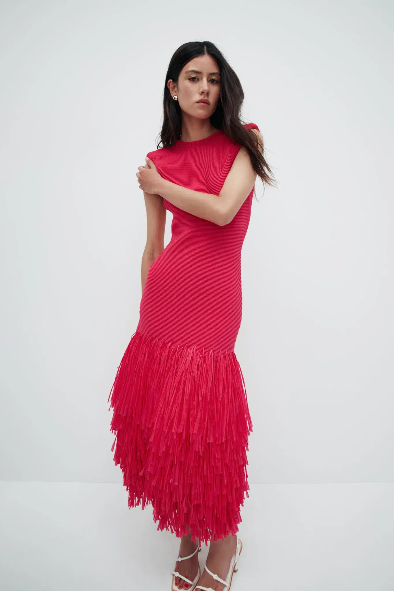 Aje Rushes Raffia Knit Midi Dress in Deep Fuschia Size M (AU 10) - Image 2