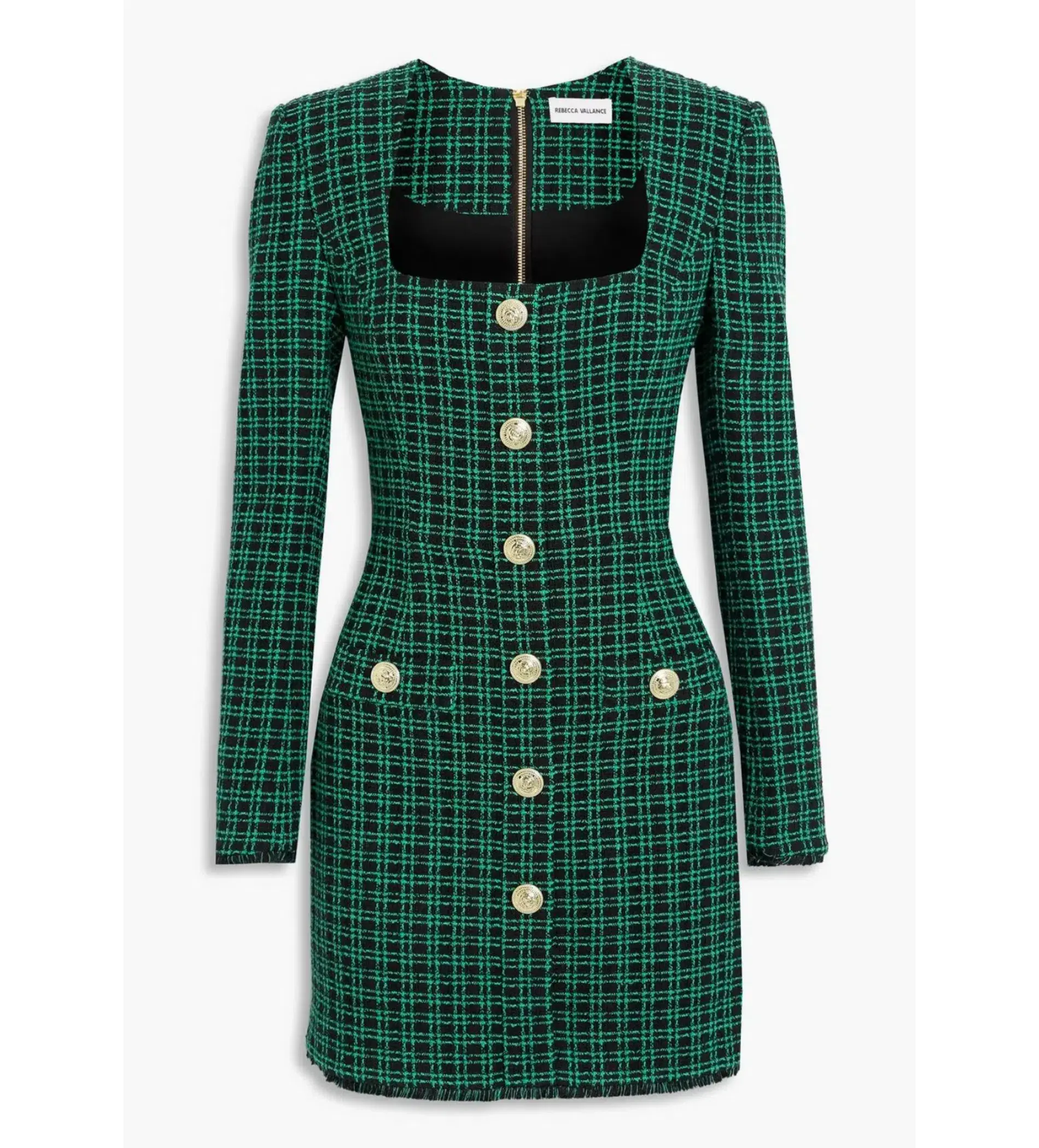 Rebecca Vallance Becca Checked Cotton Blend Tweed Mini Dress Green Size AU 14  - Image 3