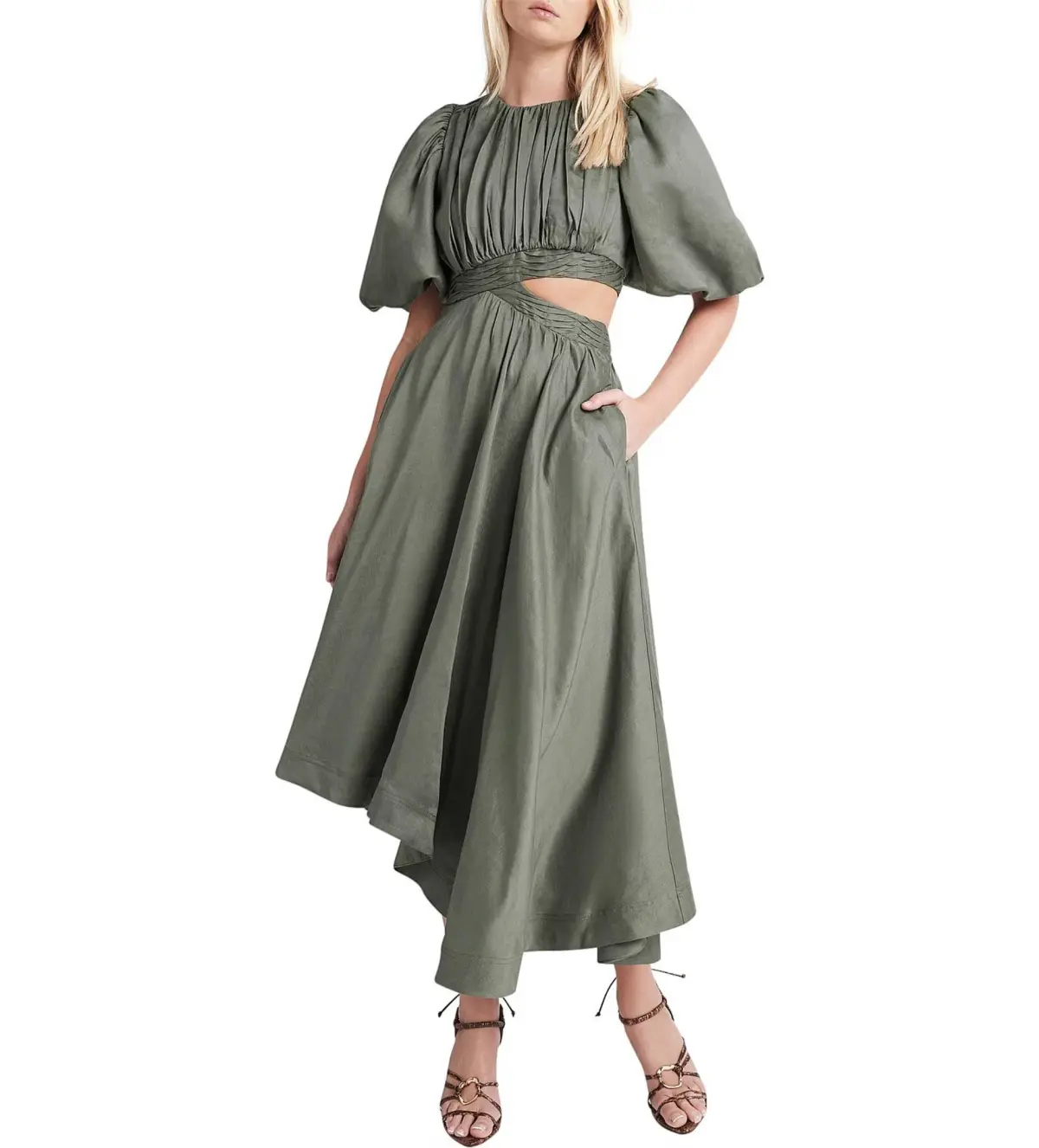 Aje Tidal Tucked Cut Out Midi Dress in Oakmoss Size AU 14 - Image 1