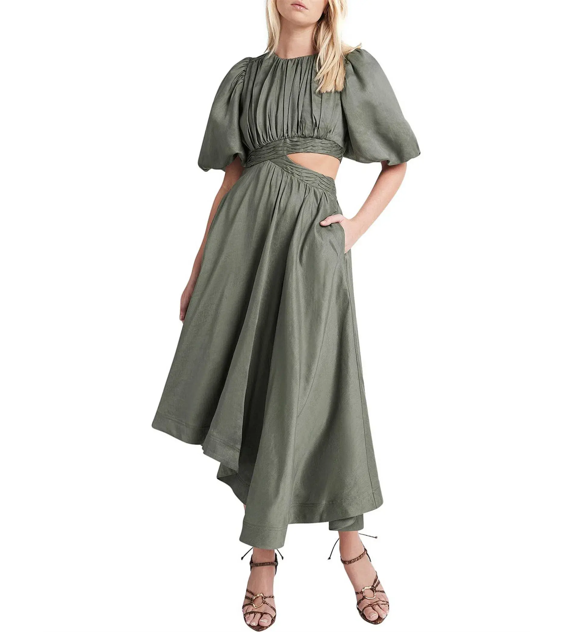 Aje Tidal Tucked Cut Out Midi Dress in Oakmoss Size AU 14 - Image 1