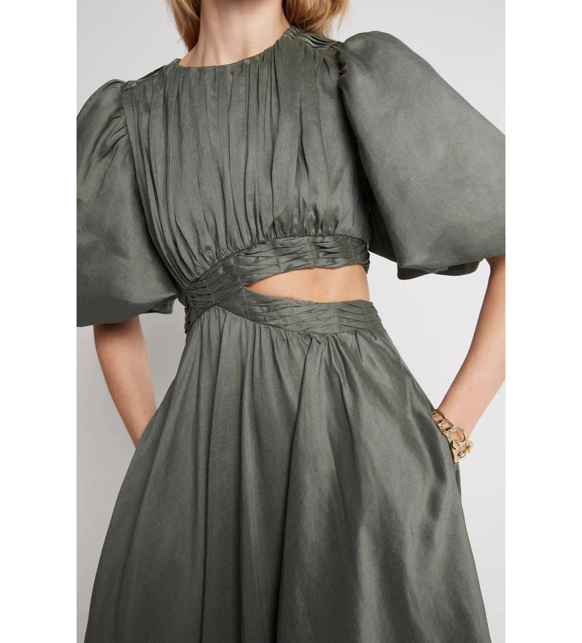 Aje Tidal Tucked Cut Out Midi Dress in Oakmoss Size AU 14 - Image 2