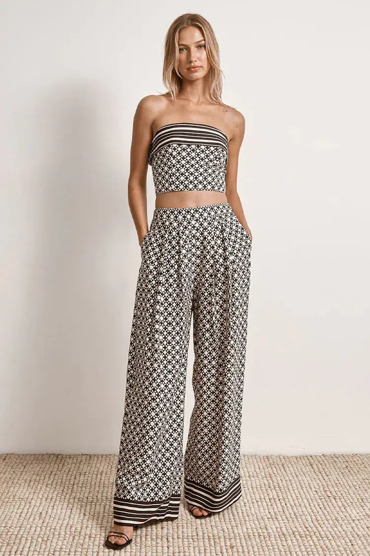 Mon Renn Moonlight Strapless Top Size L and Pants Size M Set Geo Print - Image 1