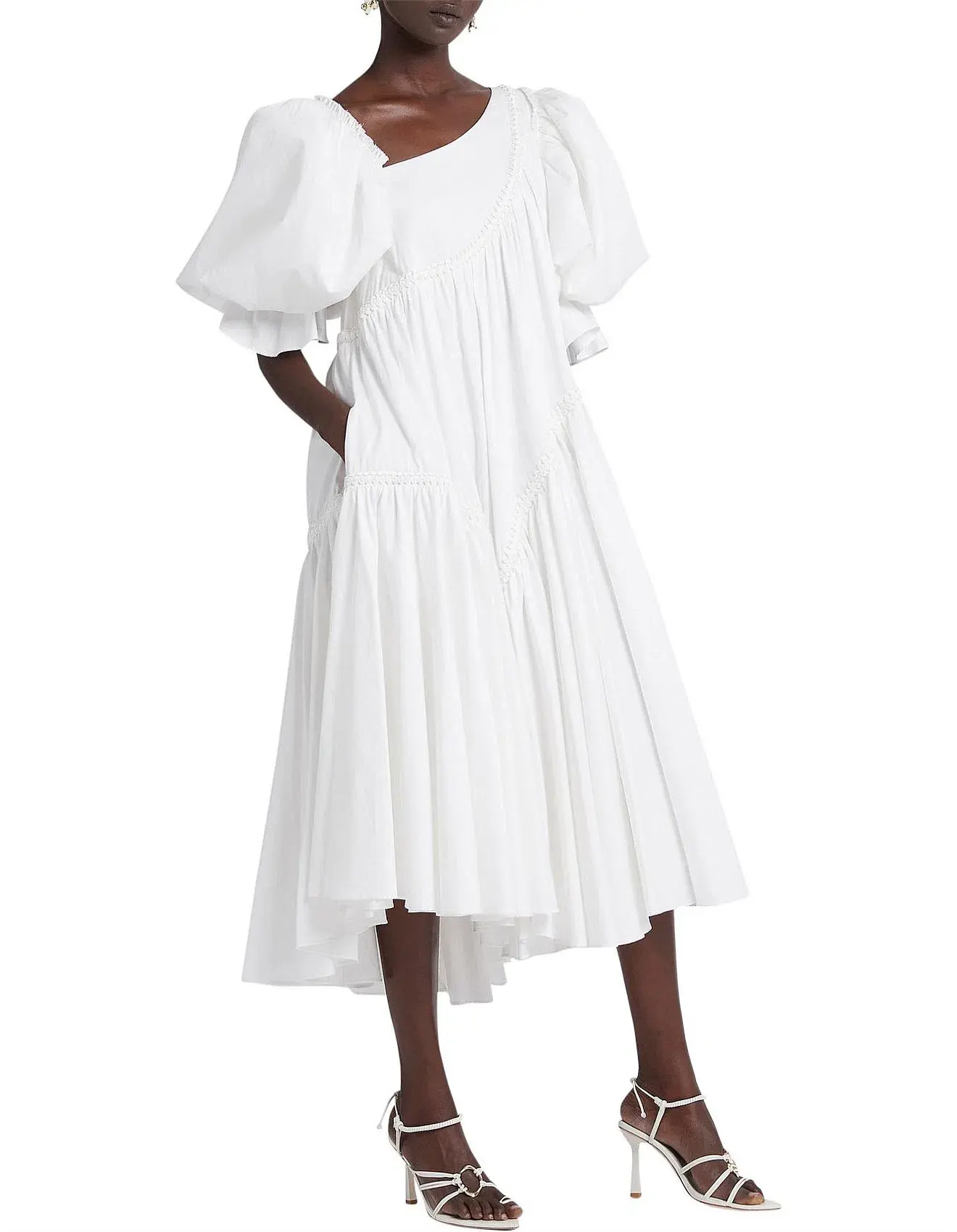 Aje Casabianca Braided Asymmetric Puff Sleeve Midi Dress White Size 14 - Image 1