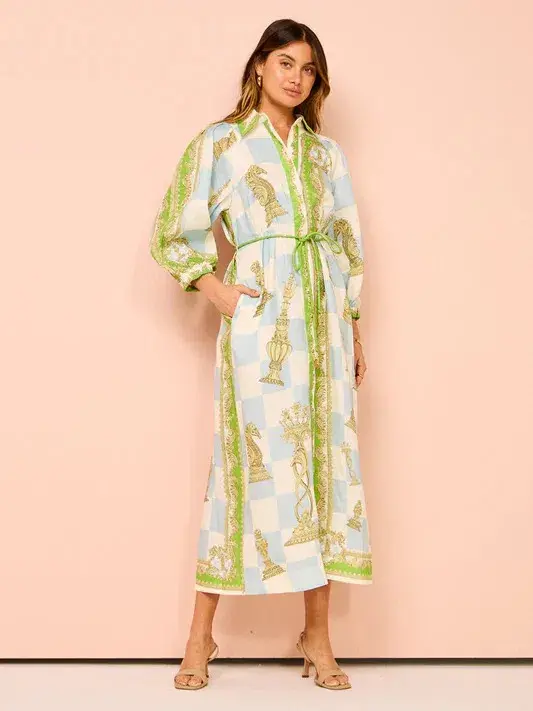 Alemais Checkmate Linen Shirtdress Multi Size 12 for rent on The Volte - main image
