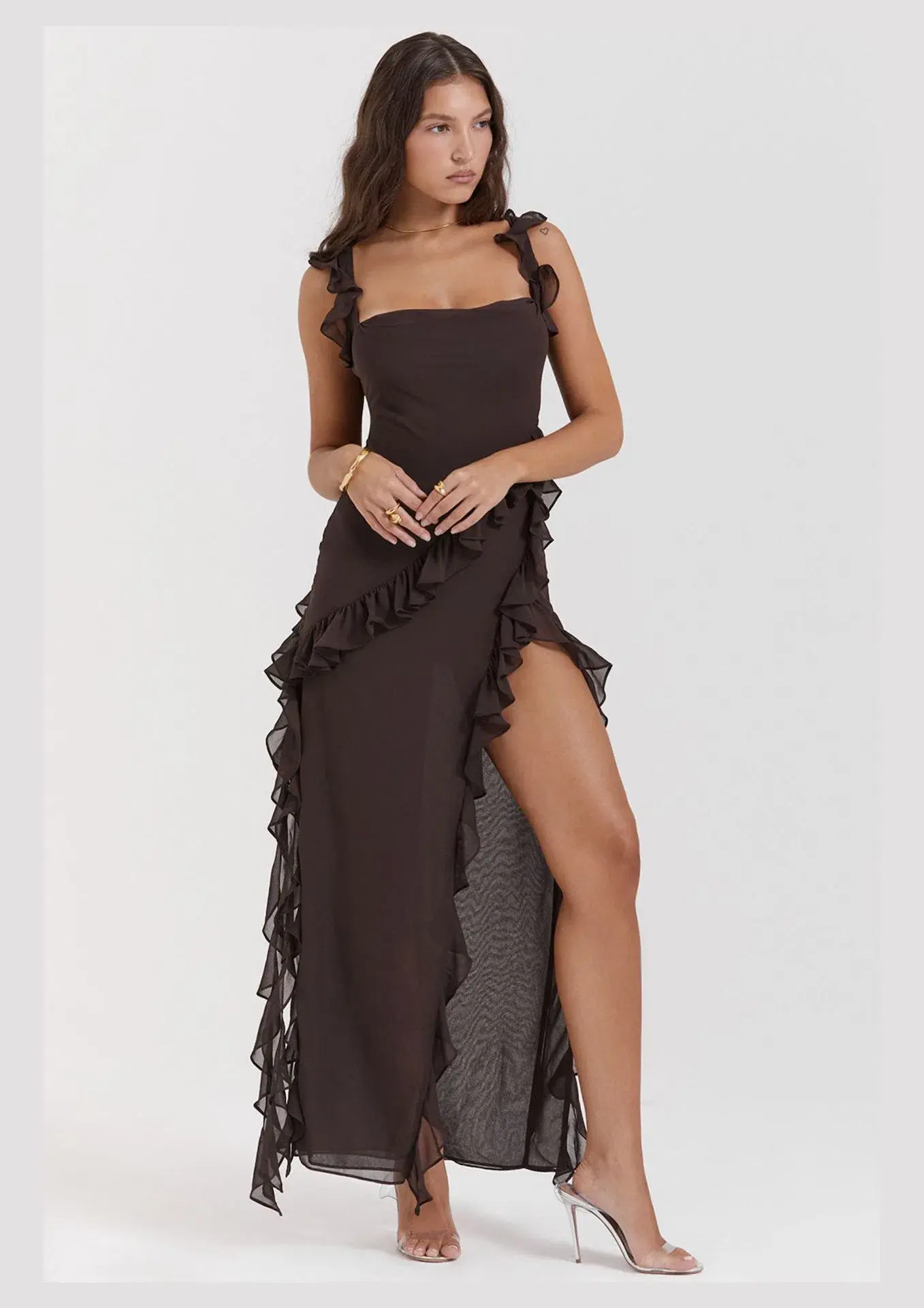 House Of CB Ariela Ruffle Maxi Dress Expresso Brown Size S / AU 8 - Image 2