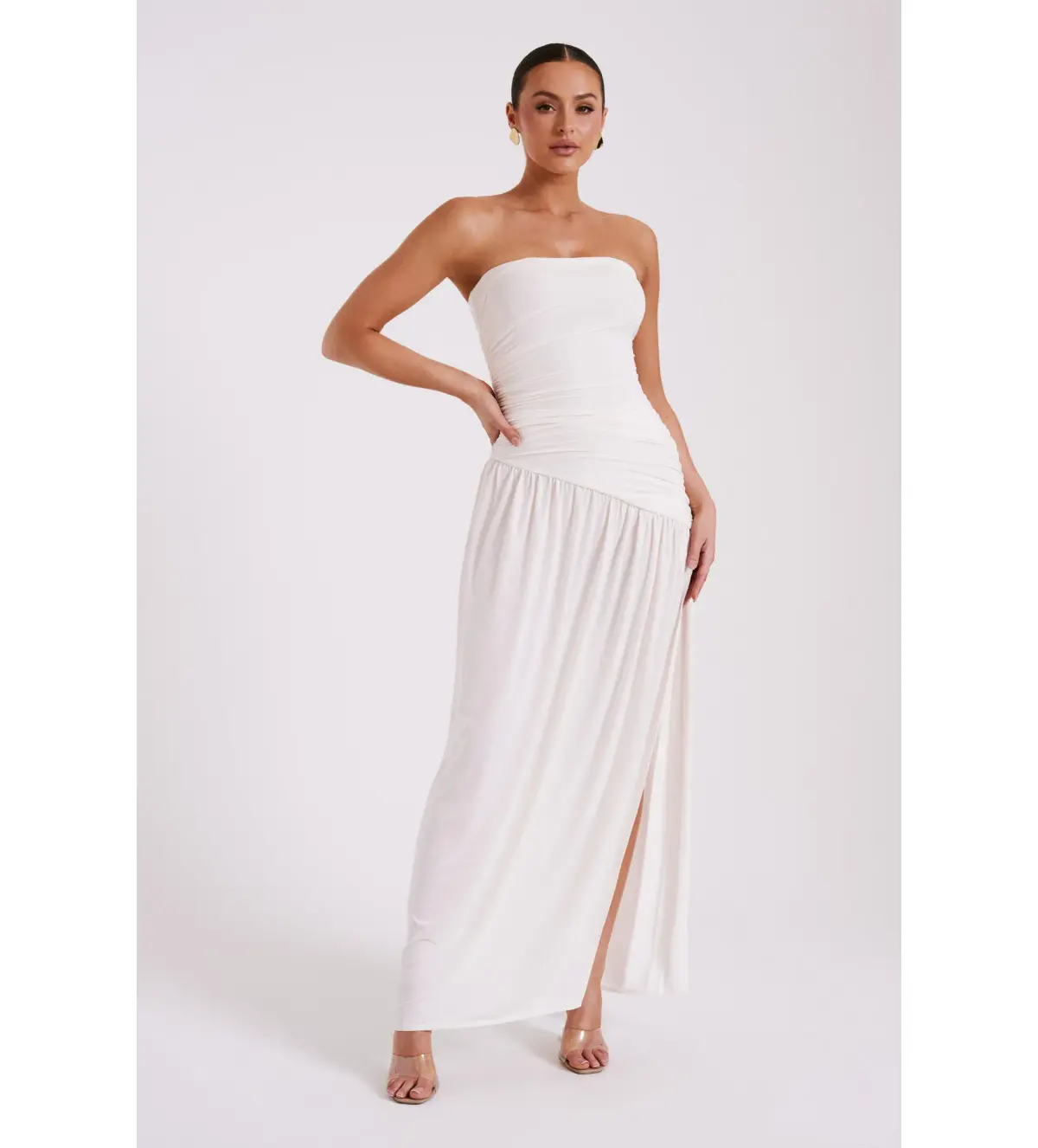 MESHKI Bex Strapless Slinky Maxi Dress With Split Ivory Size 8  - Image 1