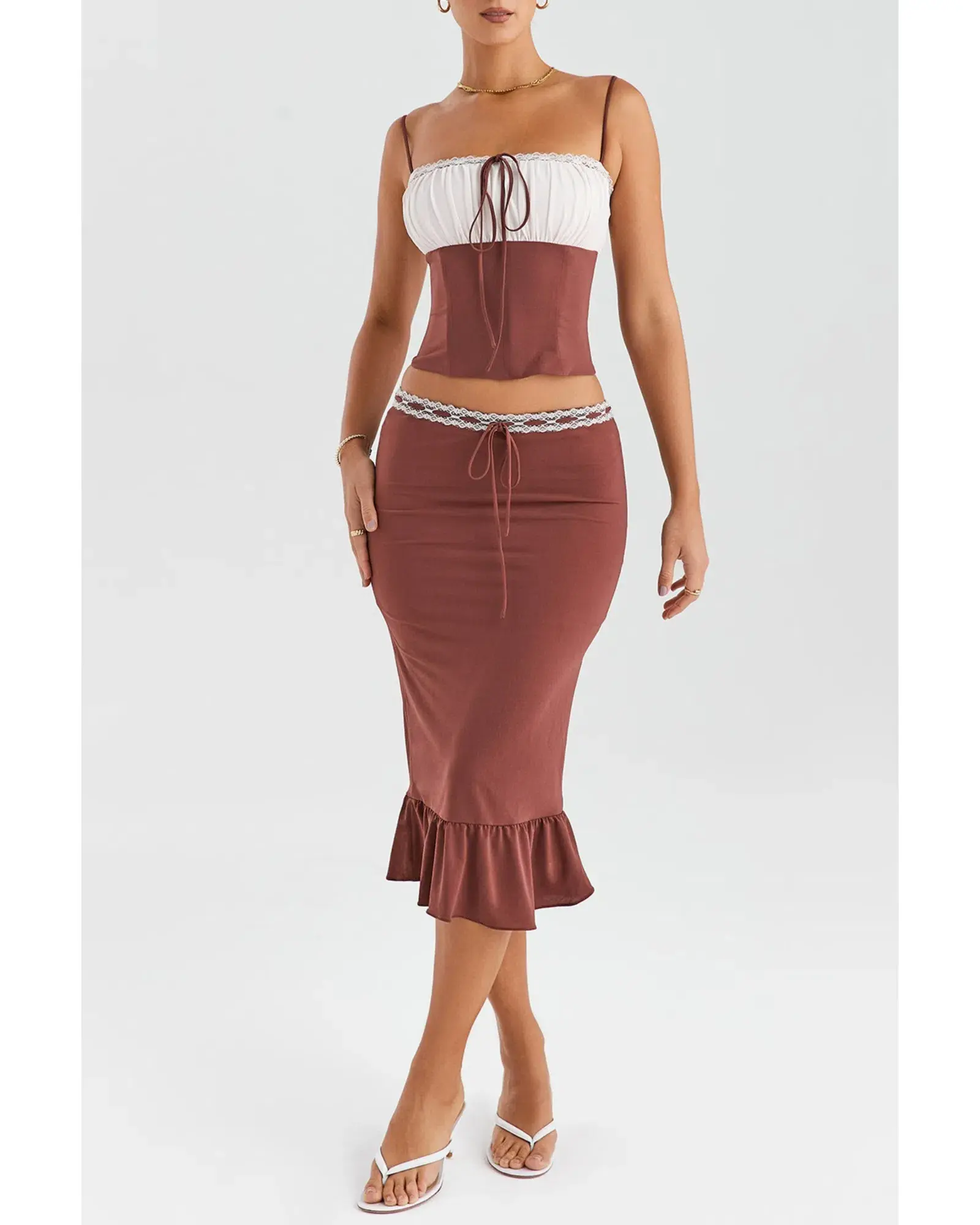 Mistress Rocks Gathered Corset Ruffle Midi Skirt Set Coffee and Cream Size S / AU 8 - Image 1