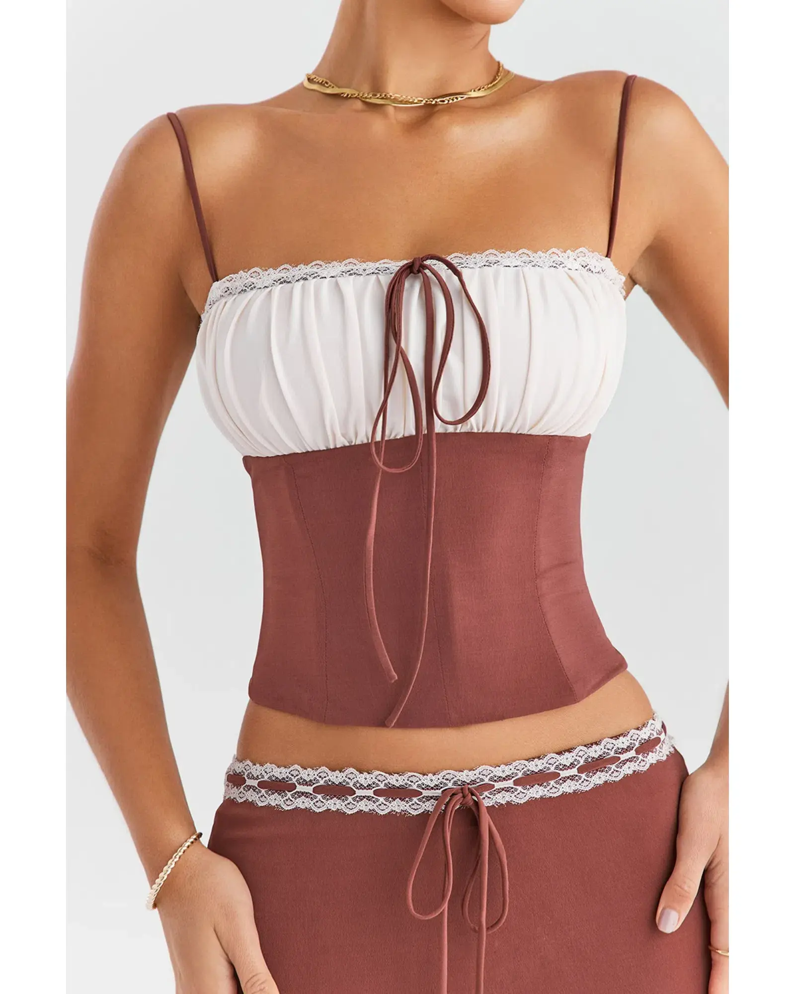 Mistress Rocks Gathered Corset Ruffle Midi Skirt Set Coffee and Cream Size S / AU 8 - Image 4