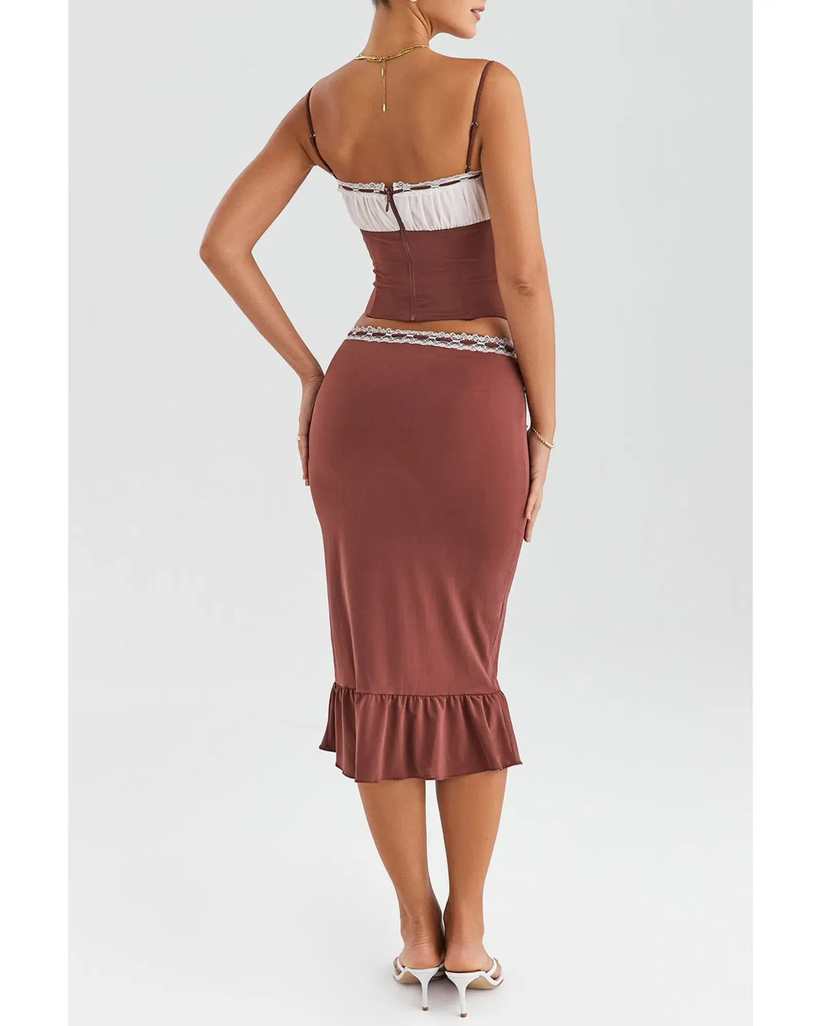Mistress Rocks Gathered Corset Ruffle Midi Skirt Set Coffee and Cream Size S / AU 8 - Image 3