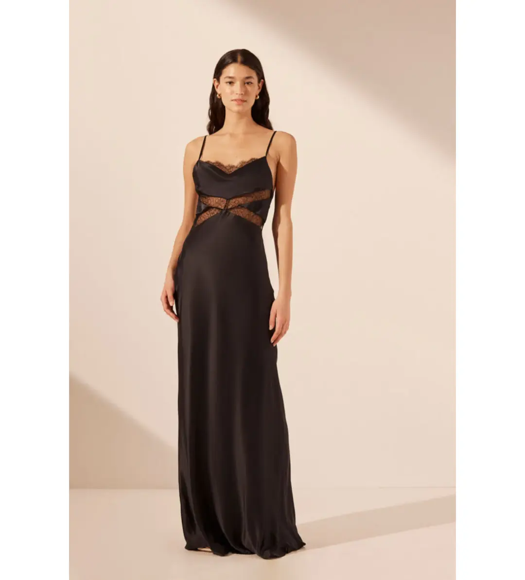 Shona Joy Leticia Silk Cowl Neck Lace Maxi Dress Black Size 8 for rent on The Volte - main image