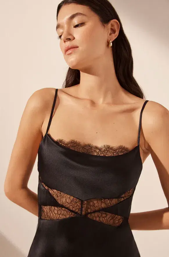 Shona Joy Leticia Silk Cowl Neck Lace Maxi Dress Black Size 8 for rent on The Volte - main image