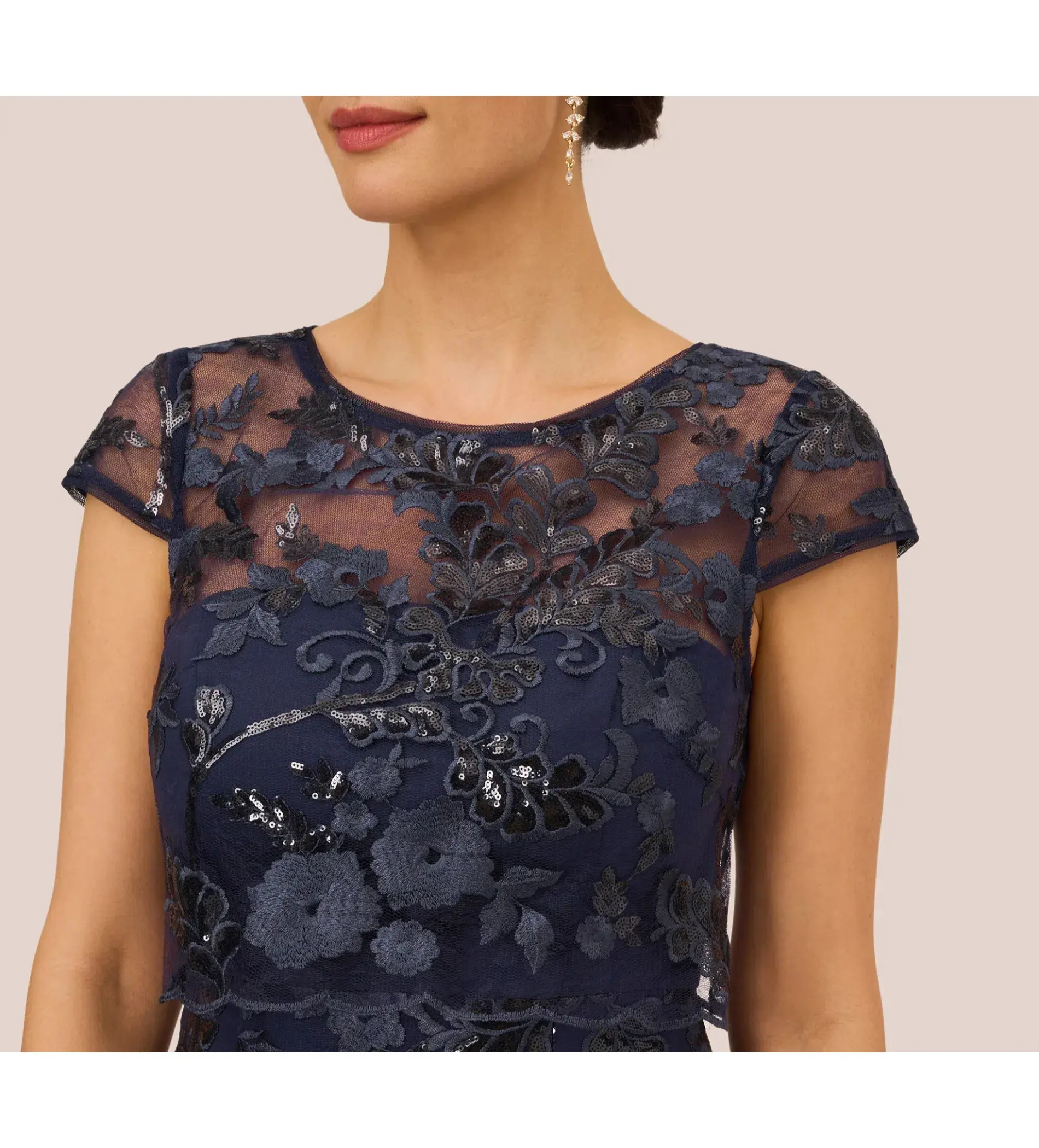 Adrianna Papell Sequin Floral Short Sleeve Mini Dress with Popover in Navy Size AU 6 - Image 4