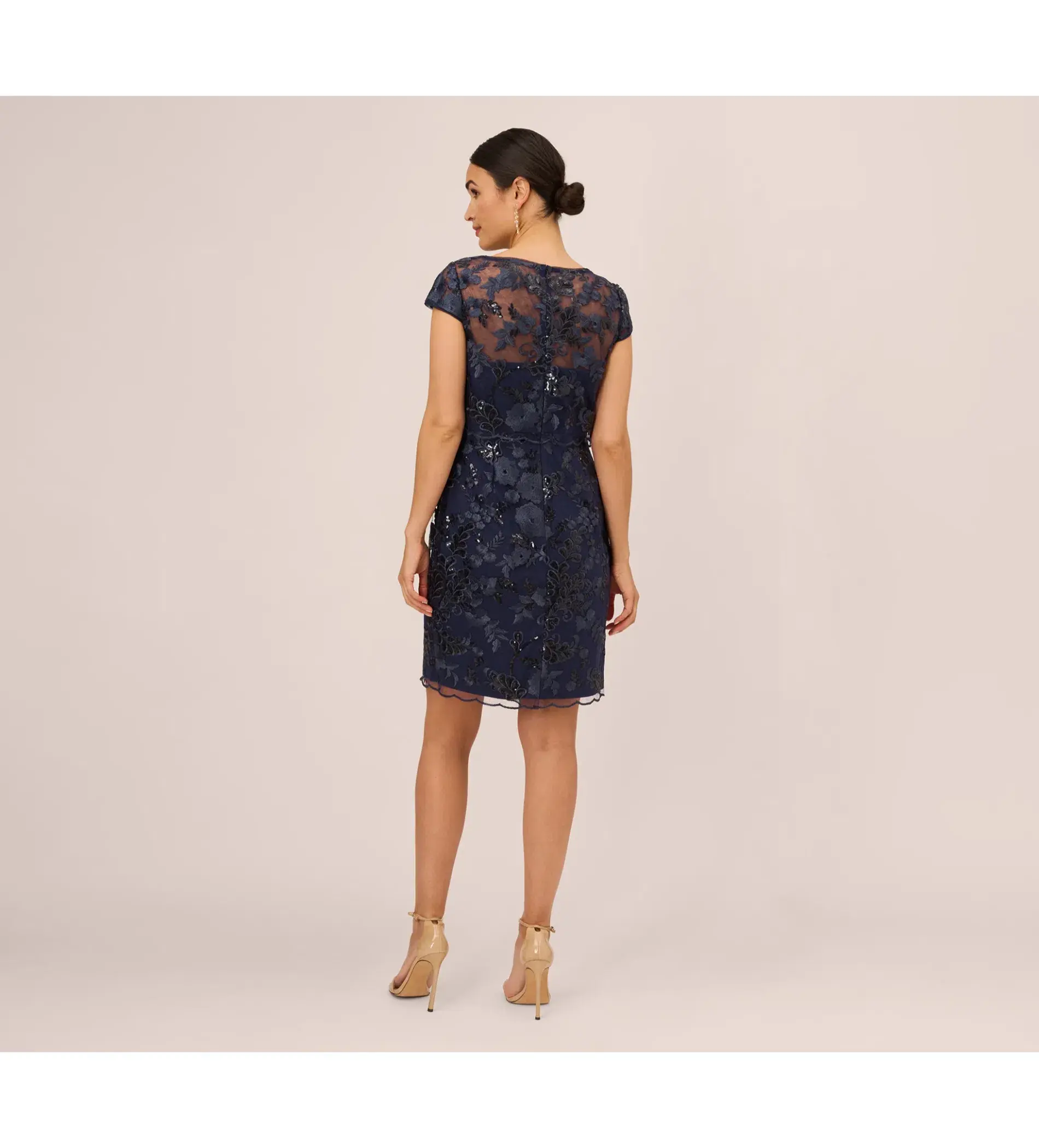 Adrianna Papell Sequin Floral Short Sleeve Mini Dress with Popover in Navy Size AU 6 - Image 3